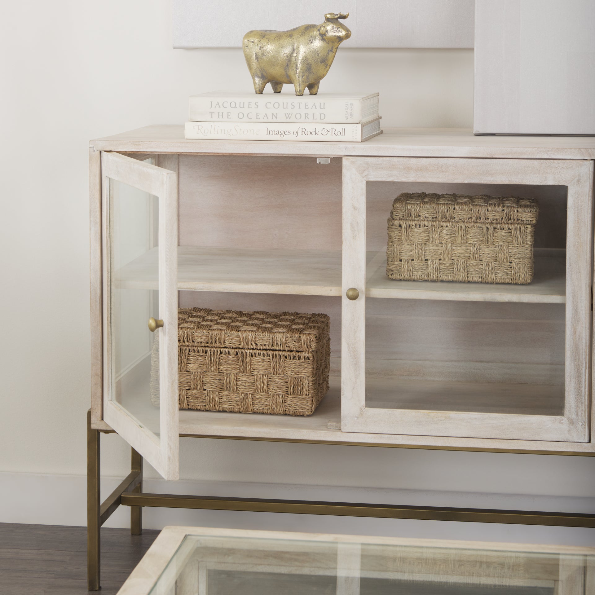 Arelius 36L x 18W x 32H White Wood, Gold Metal Base w/ 2 Glass Doors Accent Cabinet - Central Designs