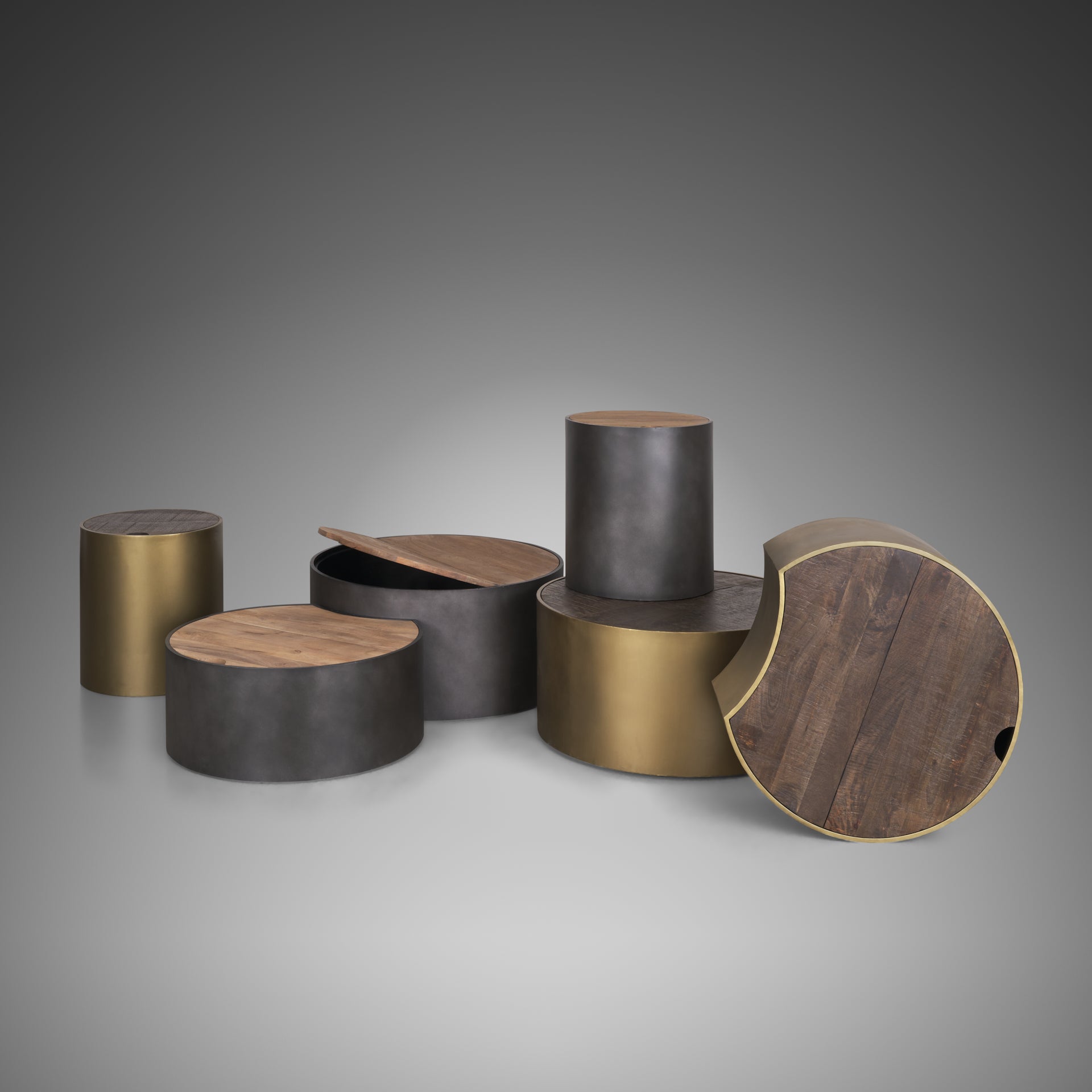 Eclipse Gunmetal Gray Drum Base w/ Brown Wood Top Nested Coffee Table - Central Designs