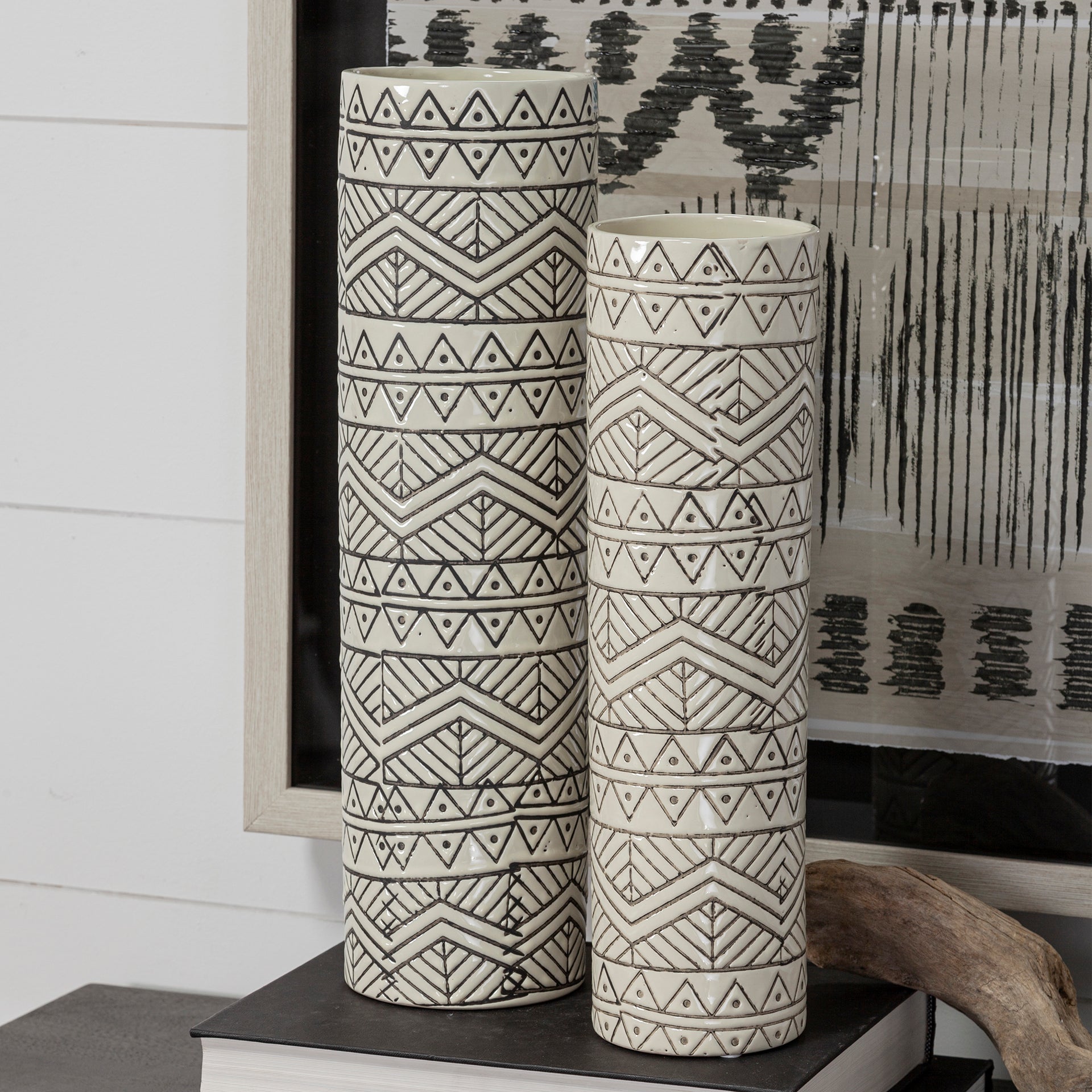 Uhura I Small Cream Black Patterned Cylindrical Vase - Central Designs