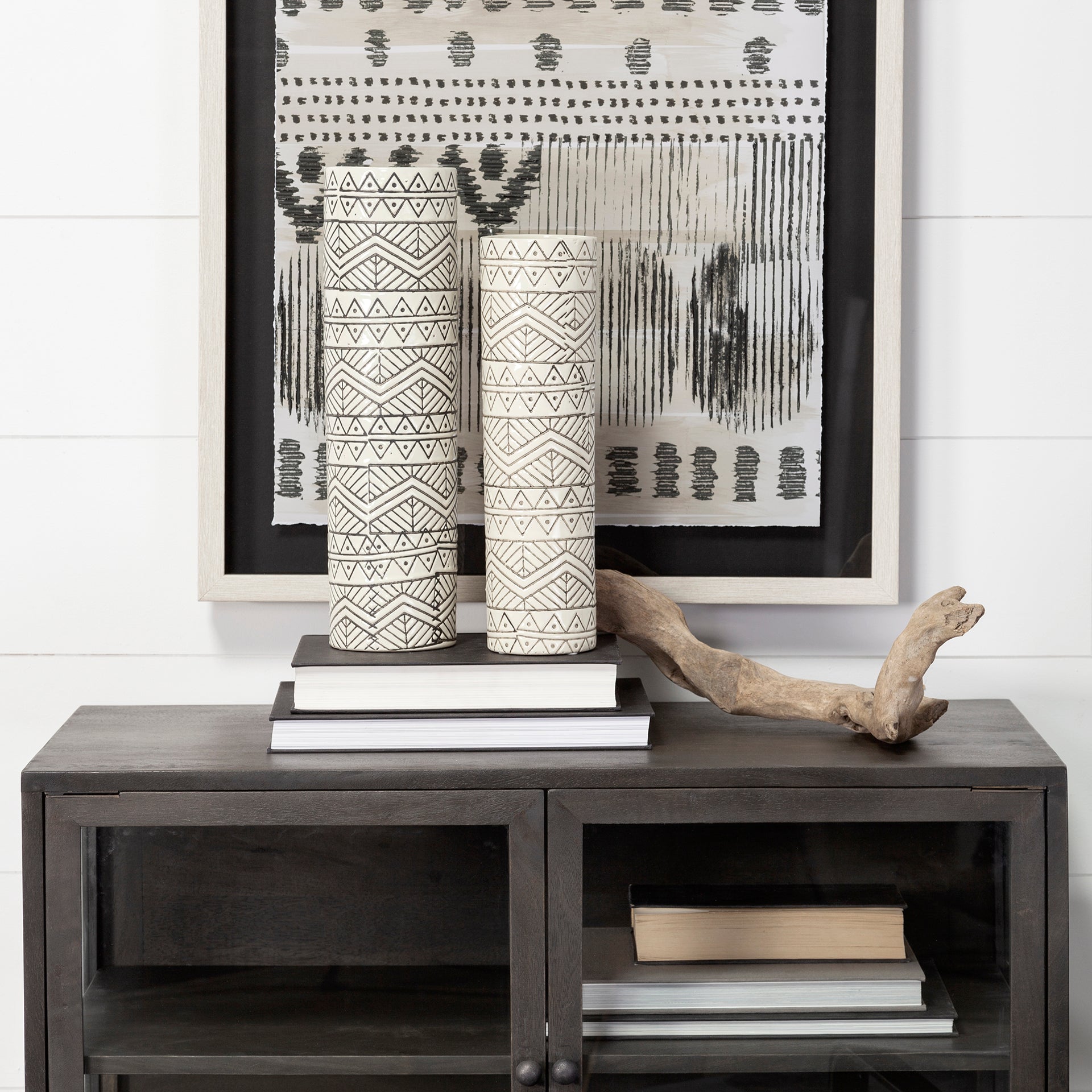 Uhura I Small Cream Black Patterned Cylindrical Vase - Central Designs