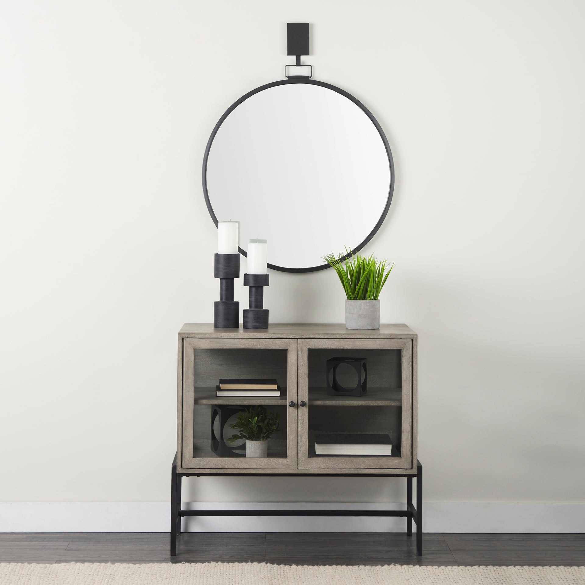 Arelius 36L x 18W x 32H Gray Wood, Black Metal Base w/ 2 Glass Doors Accent Cabinet - Central Designs