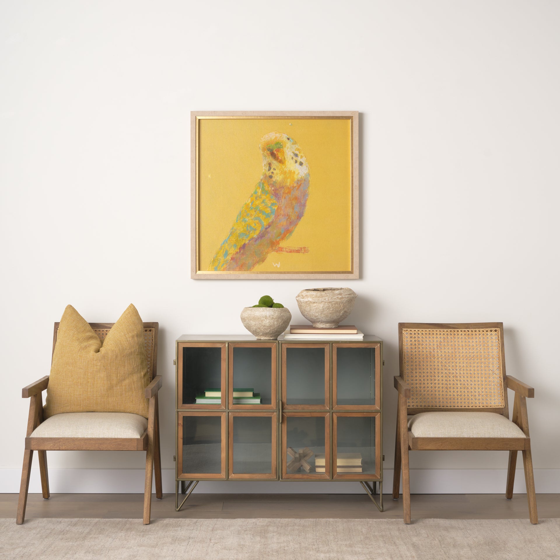 Donna Light Brown Wood Cane - Back w/ Beige Upholstered Seat Accent Chair - Central Designs