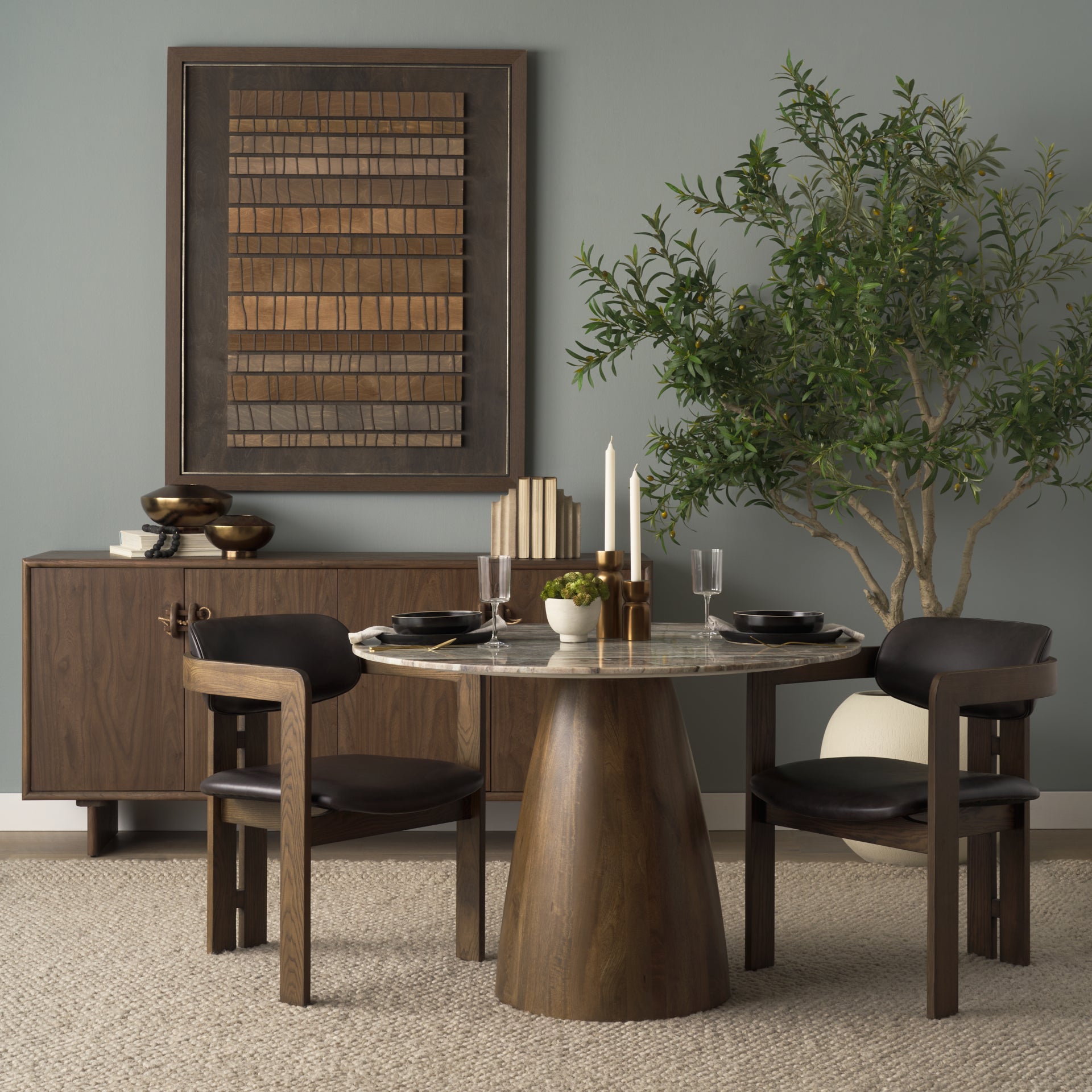 Allyson 42" Round Brown Wood Pedestal w/ Savar Pink Marble Top Dining Table - Central Designs