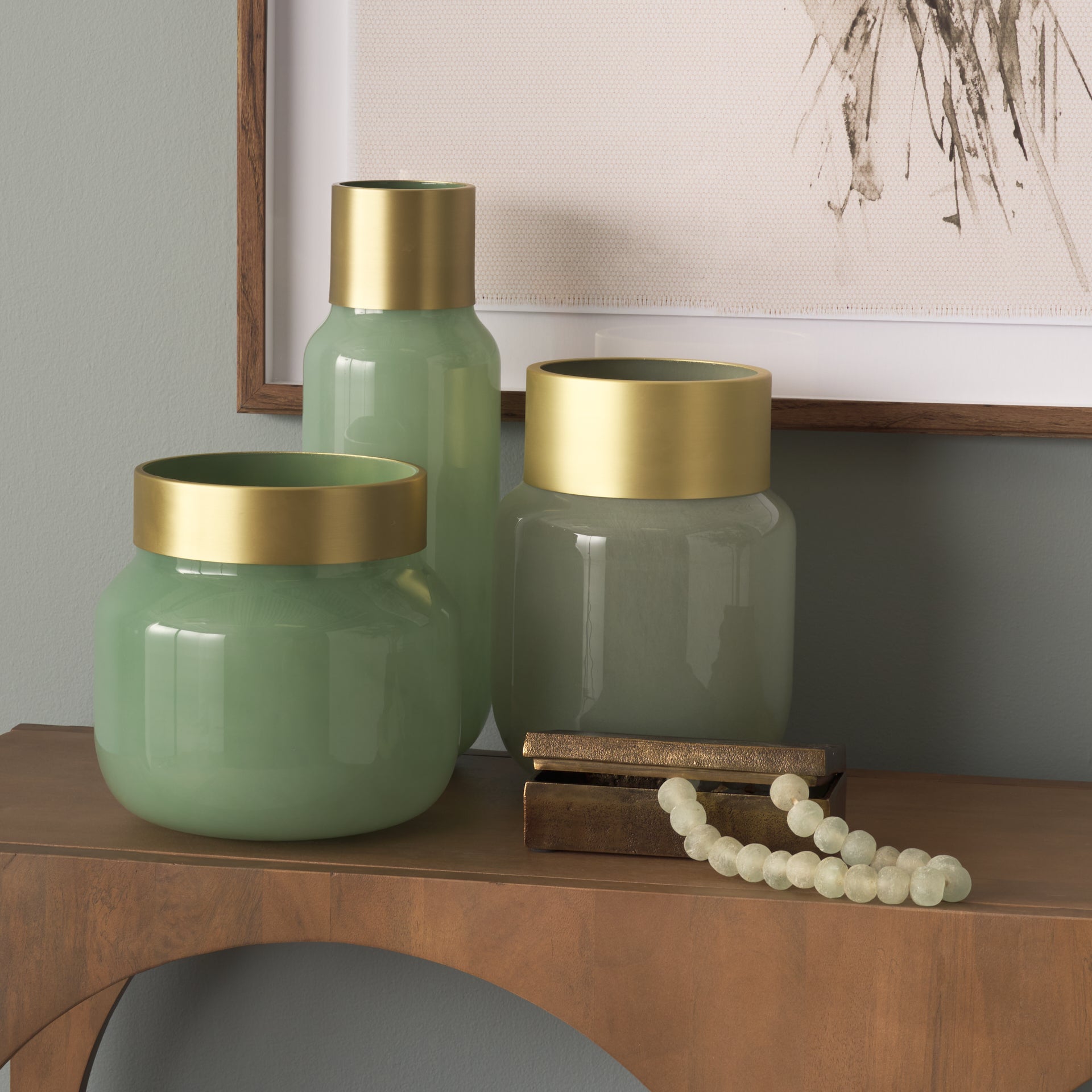 Minty 9.9L x 9.9W x 9.6H Green Glass Vase W/Matte Gold Metal Neck Cuff - Central Designs