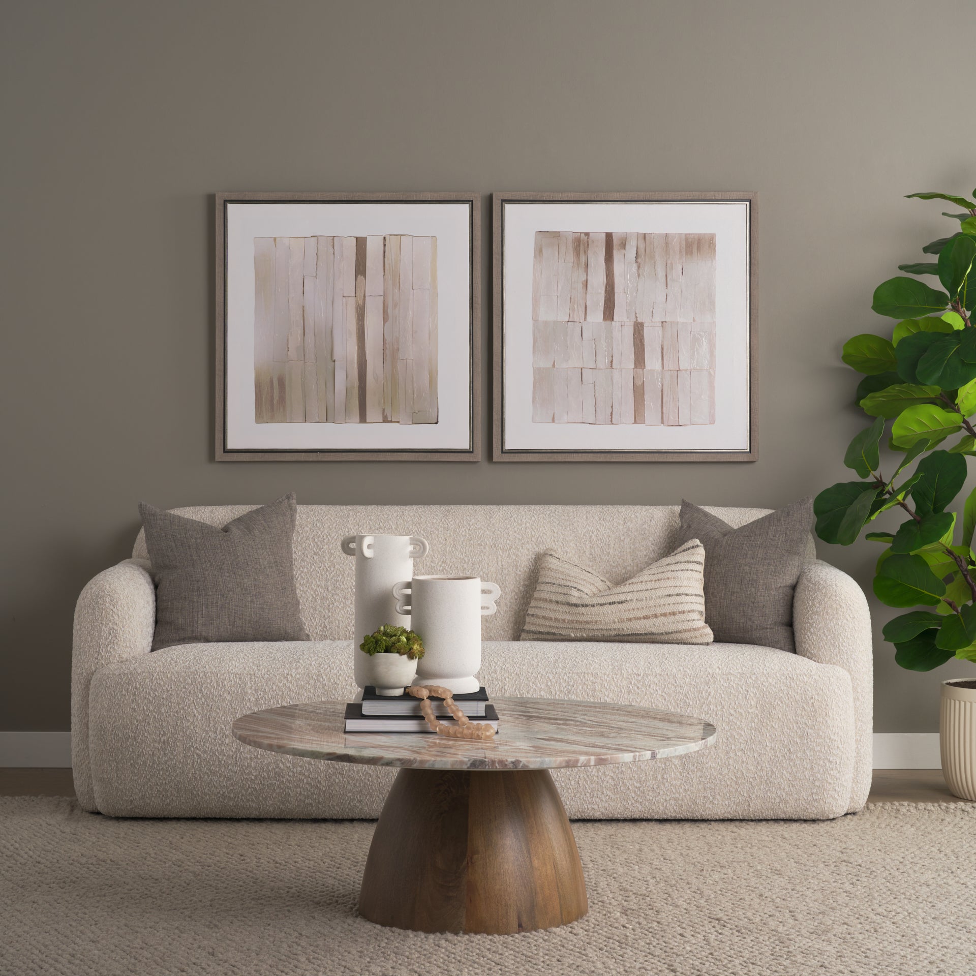 Allyson Round Medium Brown w/ Pink Marble Pedestal Coffee Table - Central Designs