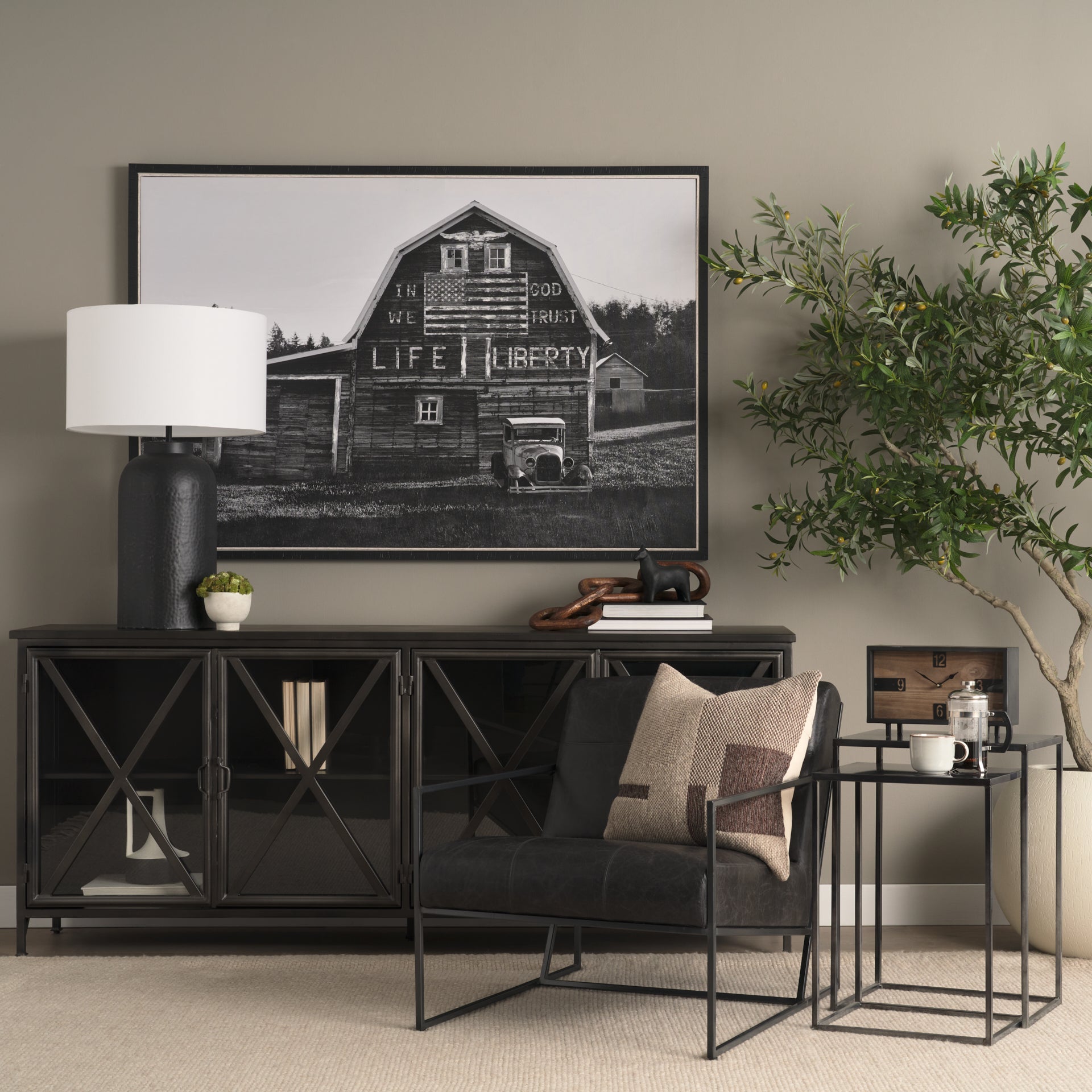 Stratton Gunmetal w/ Genuine Aged Black Leather Upholstered Accent Chair - Central Designs