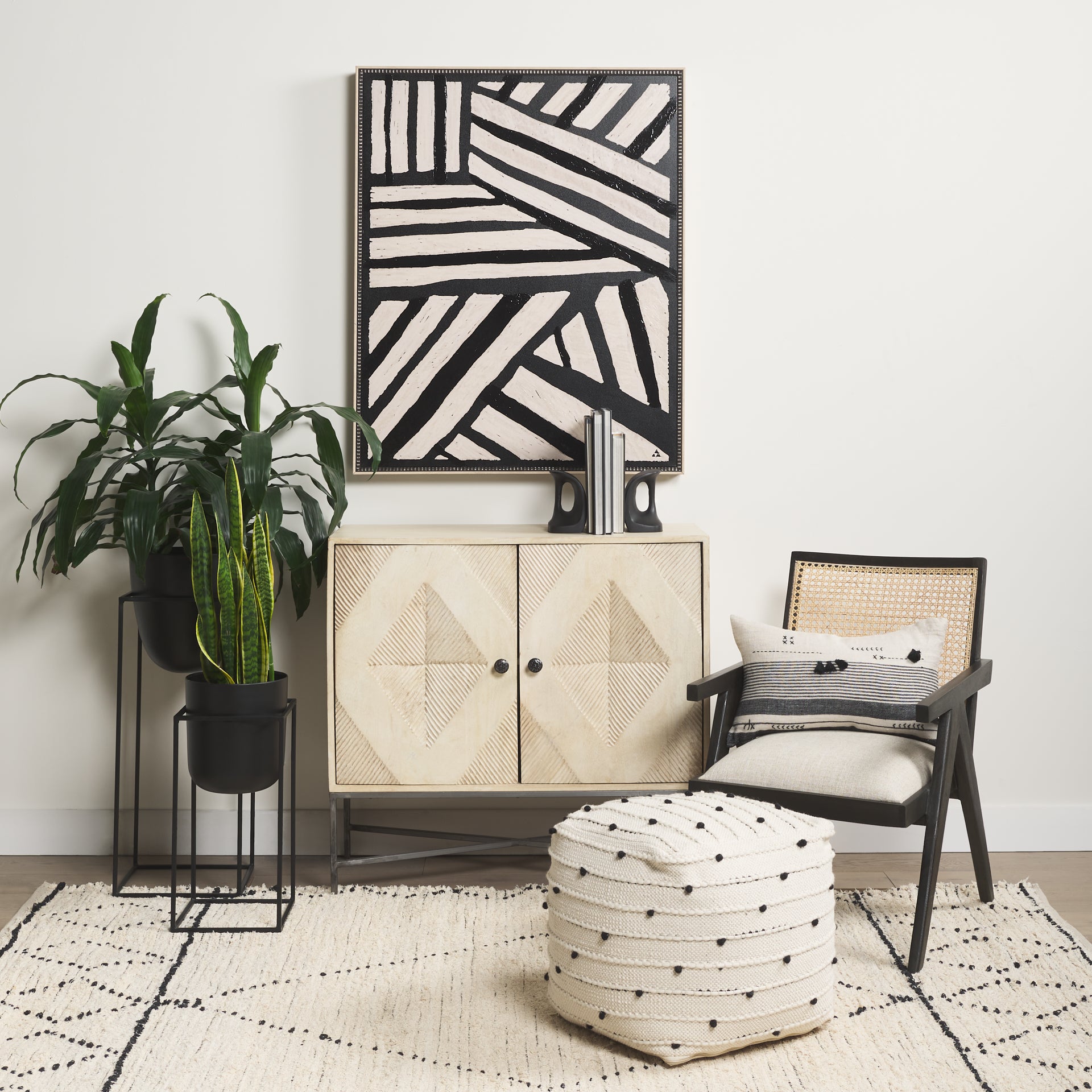 Donna Black Wood Cane - Back w/ Beige Upholstered Seat Accent Chair - Central Designs