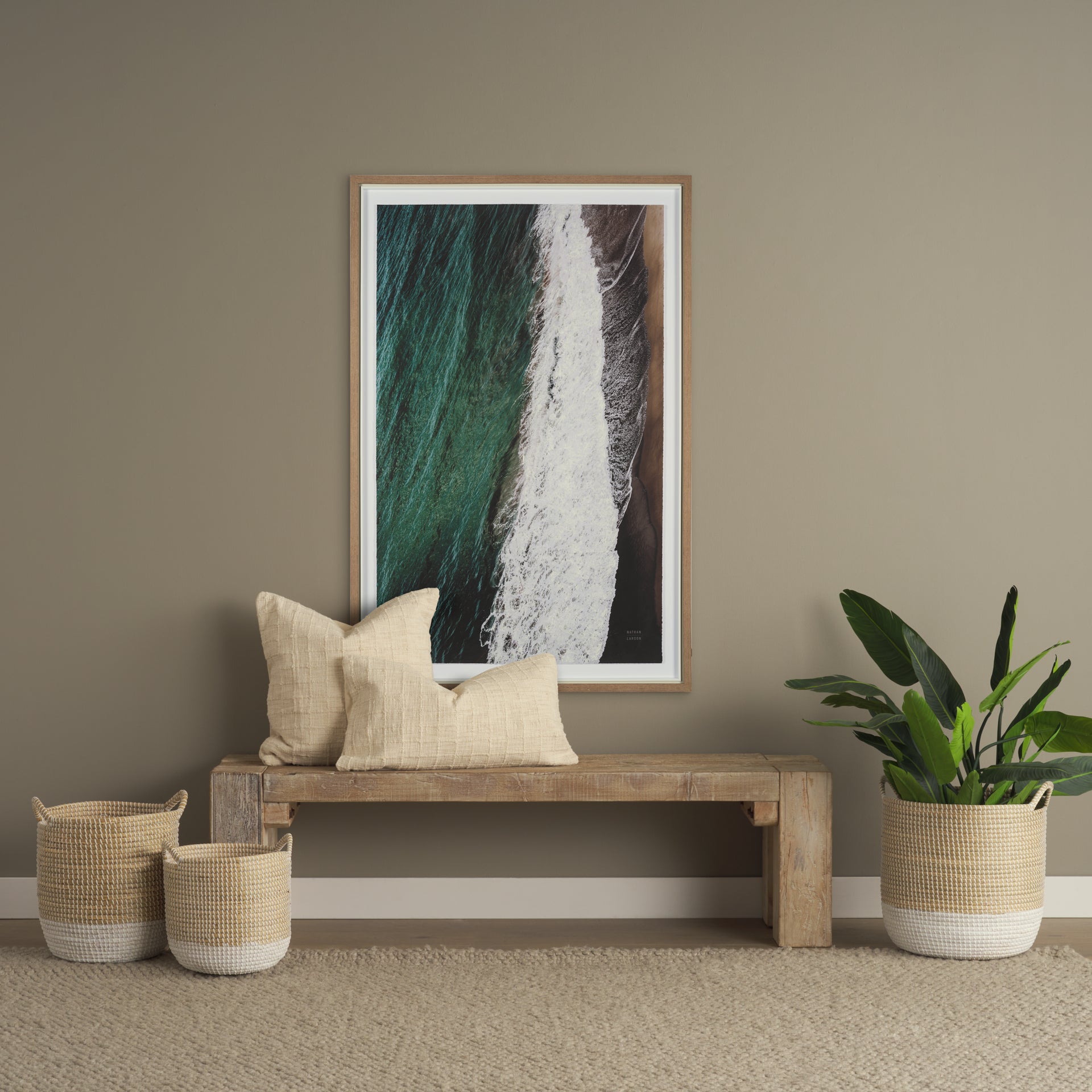 Maddie 13.8L x 13.8W X 15.0H (Set of 3) Light Brown W/White Dipped Seagrass Round Basket W/ Handles - Central Designs