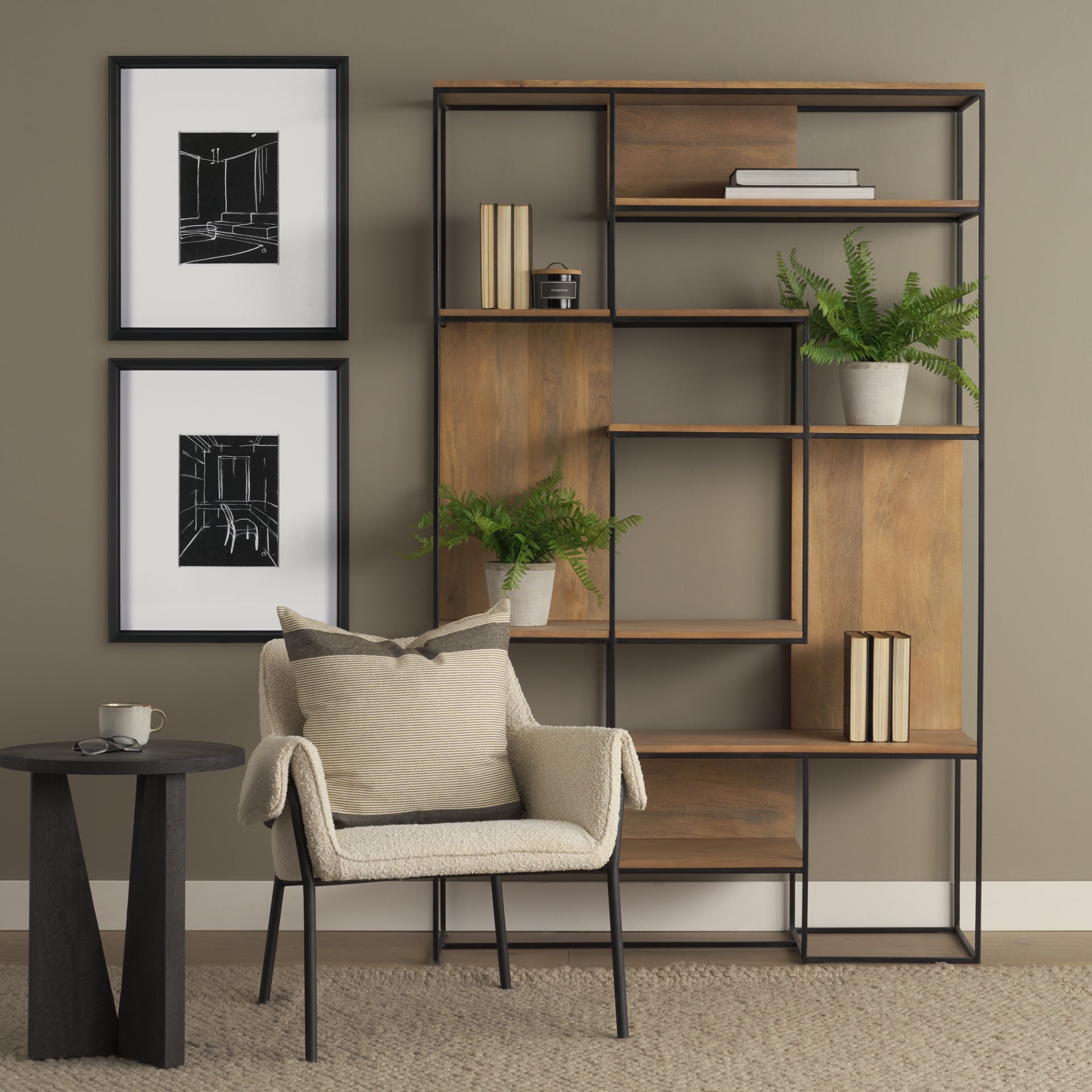 Morris 47.0L x 15.0W x 75.0H Light Brown Wood w/ Black Metal Frame 6 - Tier Shelving Unit - Central Designs