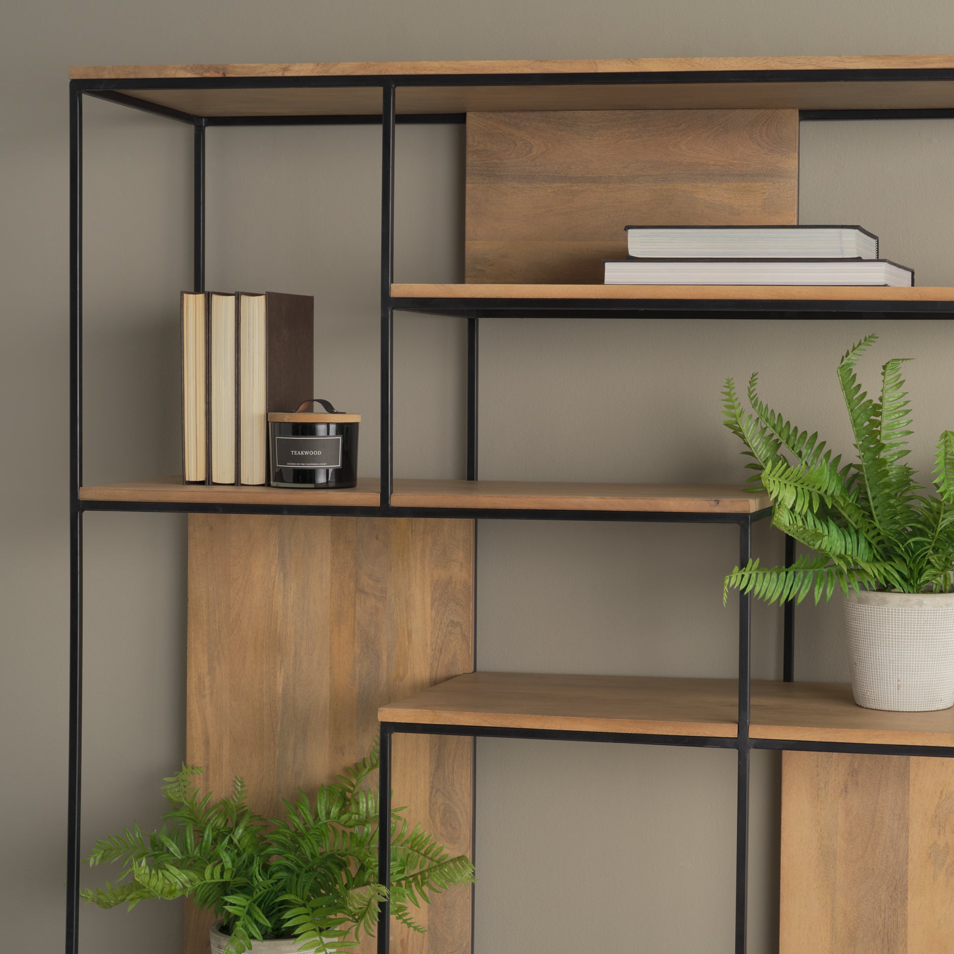 Morris 47.0L x 15.0W x 75.0H Light Brown Wood w/ Black Metal Frame 6 - Tier Shelving Unit - Central Designs