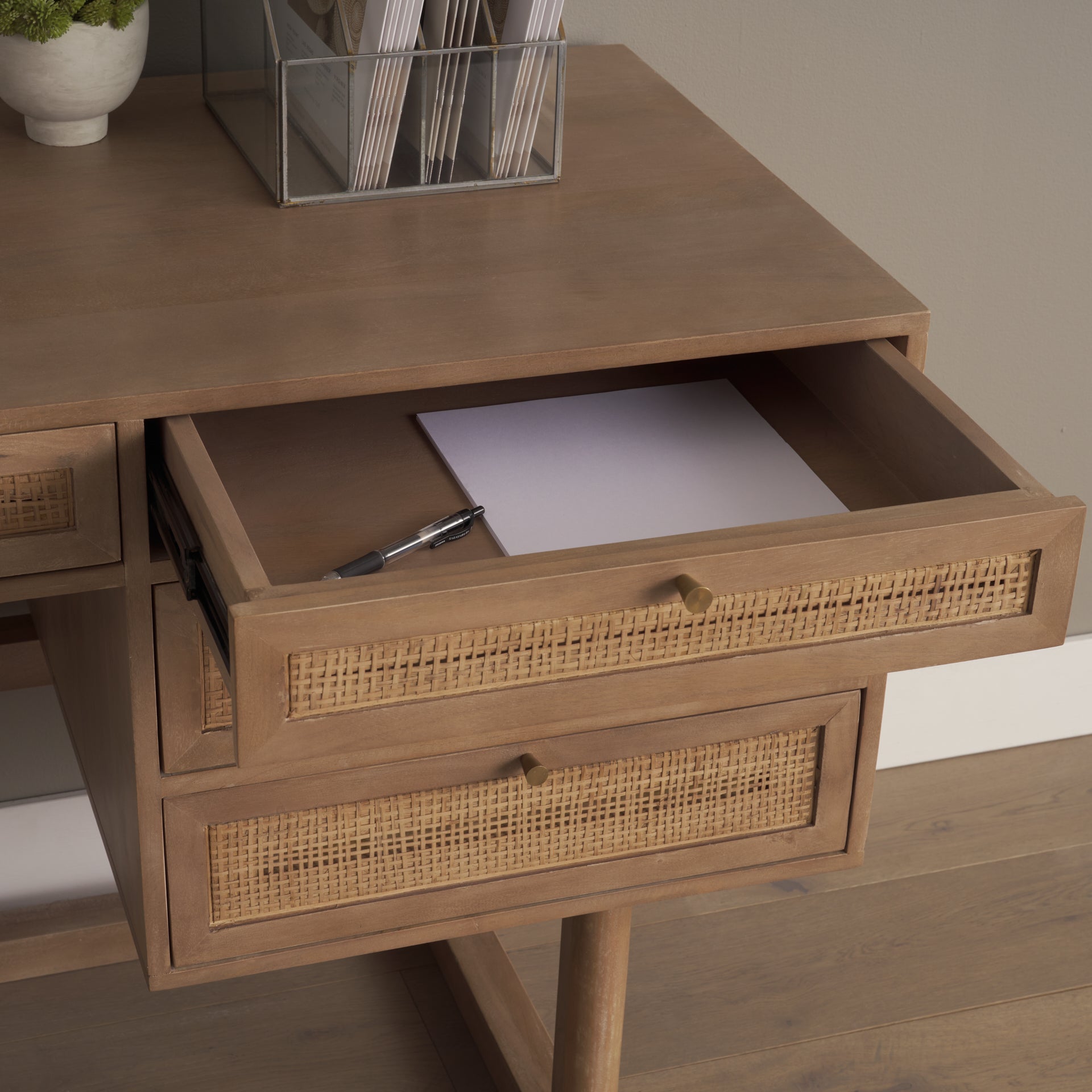Grier 60" Light Brown Solid Wood W/Cane Office Desk - Central Designs