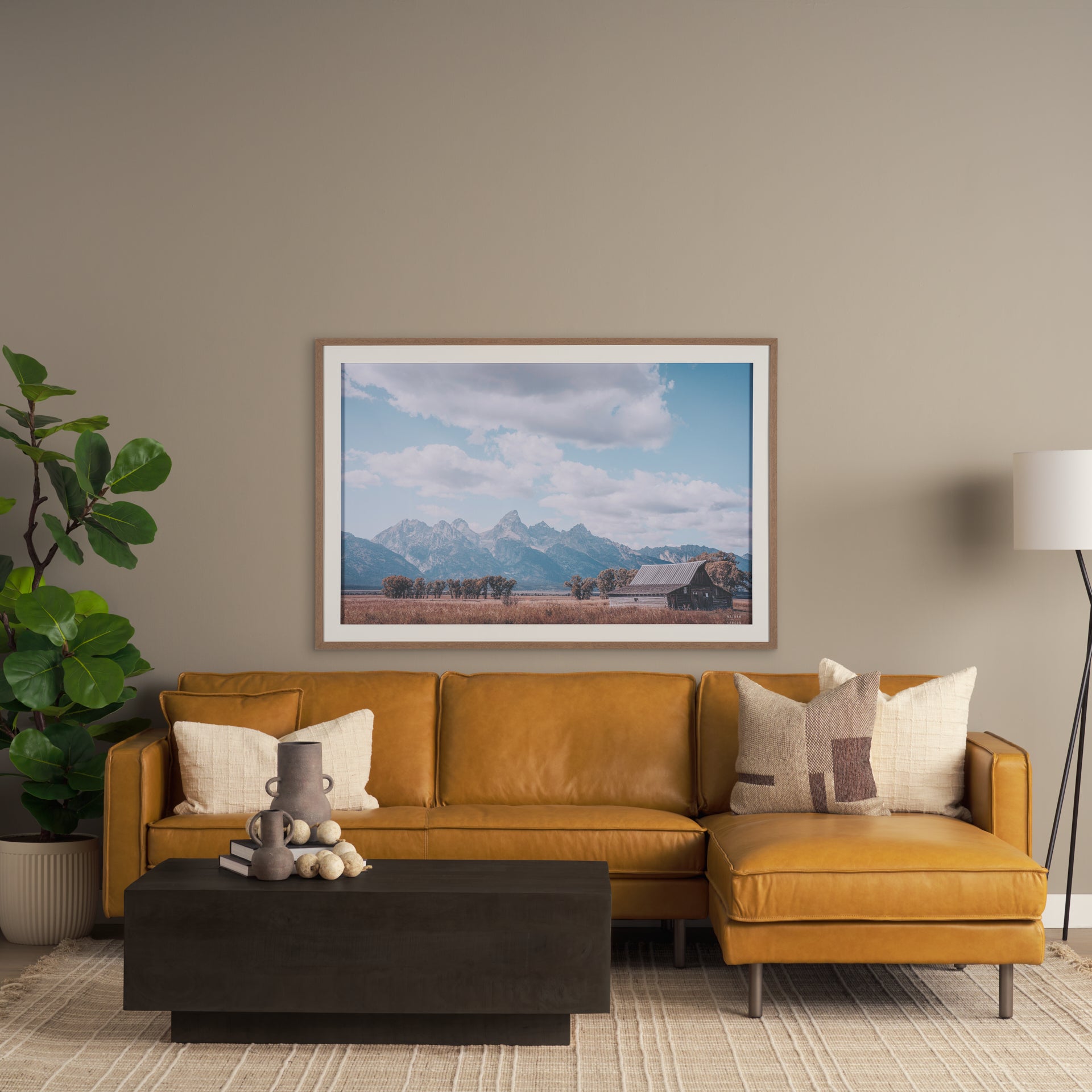 D'Arcy 111"L x 70"D x 33"H Tan Leather Right Chaise Sectional