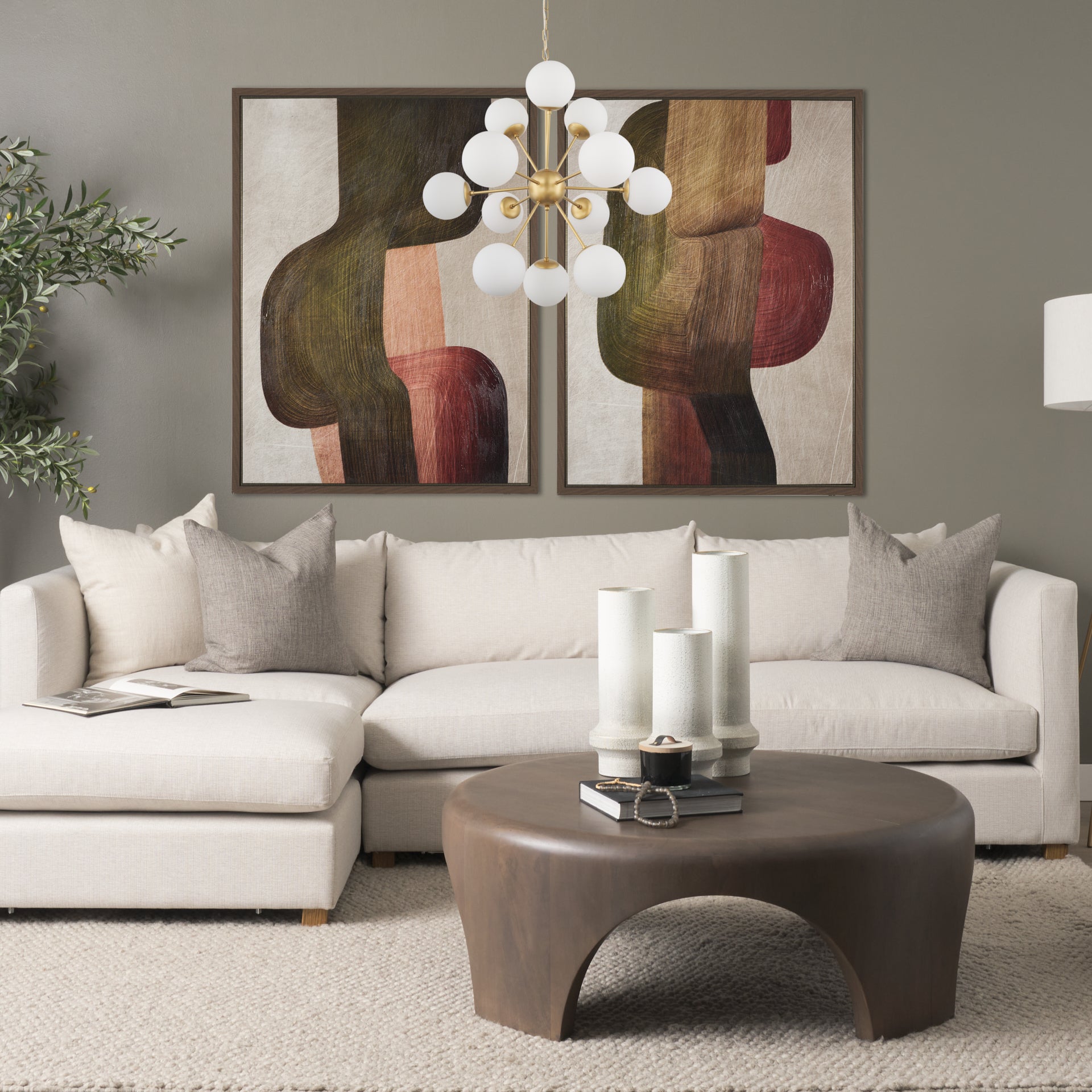 Barbara Brushed Gold Metal w/ Frosted Glass Globes 11 - Light Chandelier - Central Designs