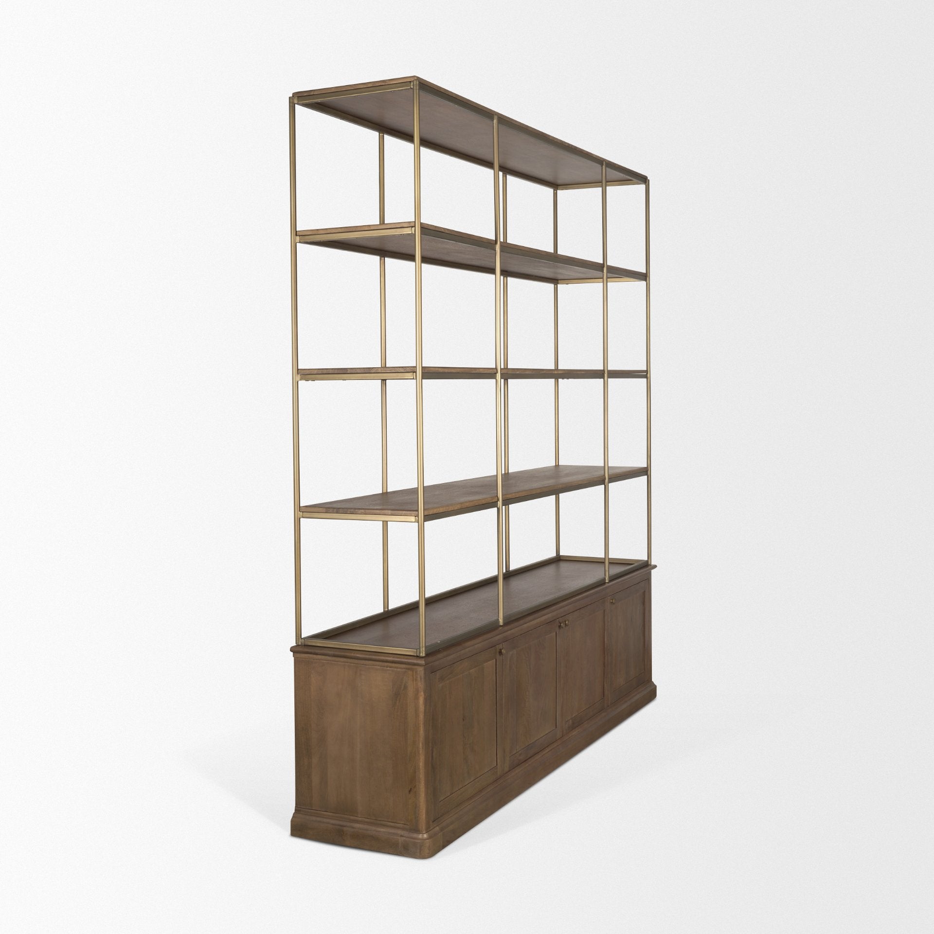 Braxton Dark Brown Wood w/ Antique Brass Metal Three Shelf Shelving Unit - Central Designs