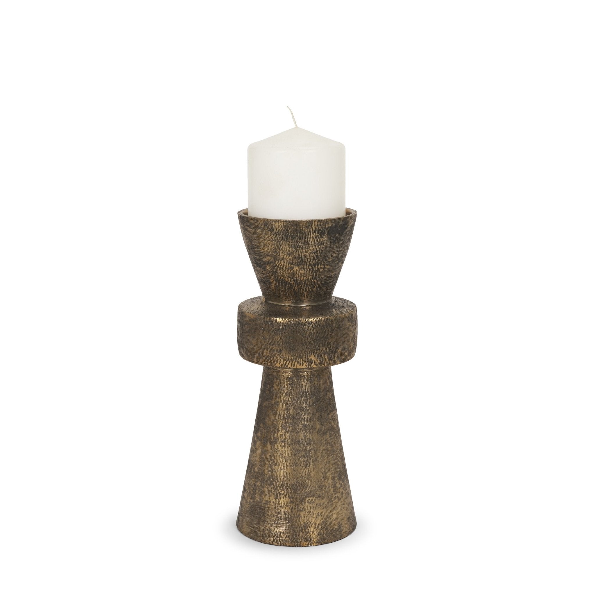 Odilia Small Textured Antiqued Gold Metal Geometric Pillar Candle Holder - Central Designs