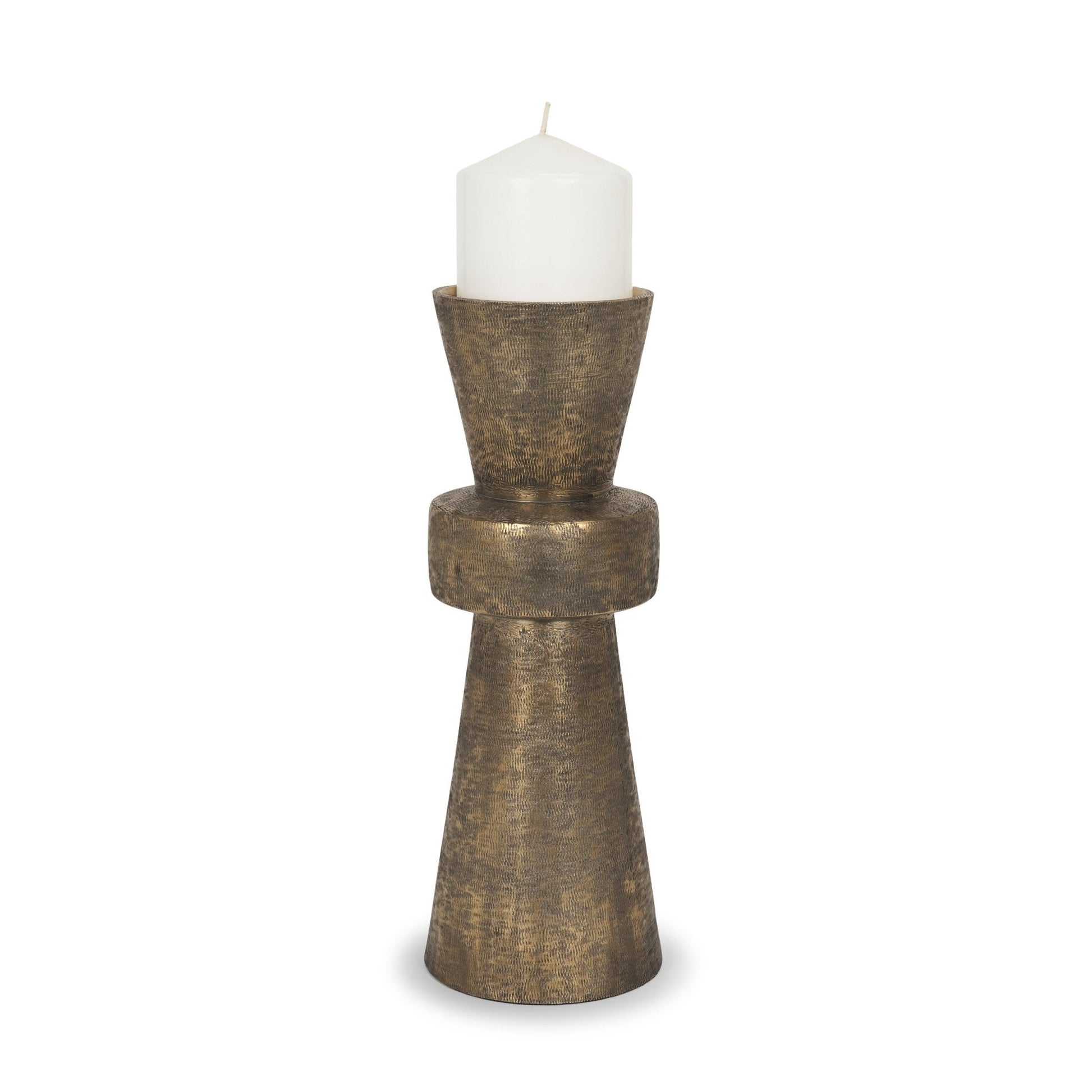 Odilia Large Textured Antiqued Gold Metal Geometric Pillar Candle Holder - Central Designs