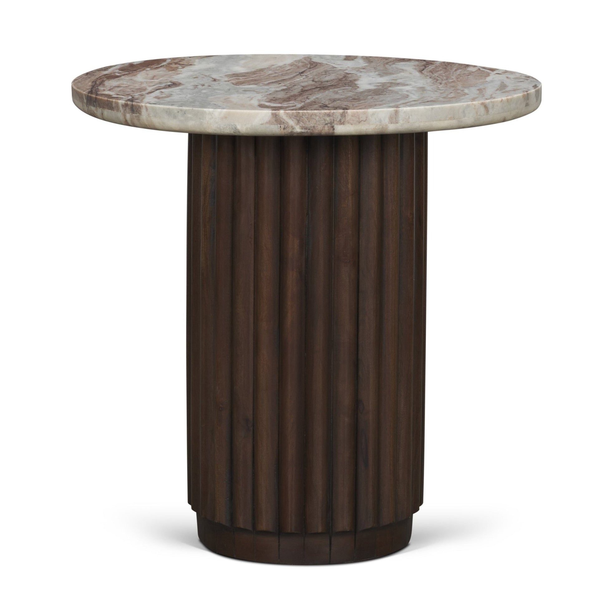 Marbrello Pink Marble Top Espresso Brown Fluted Wood Round Side Table - Central Designs