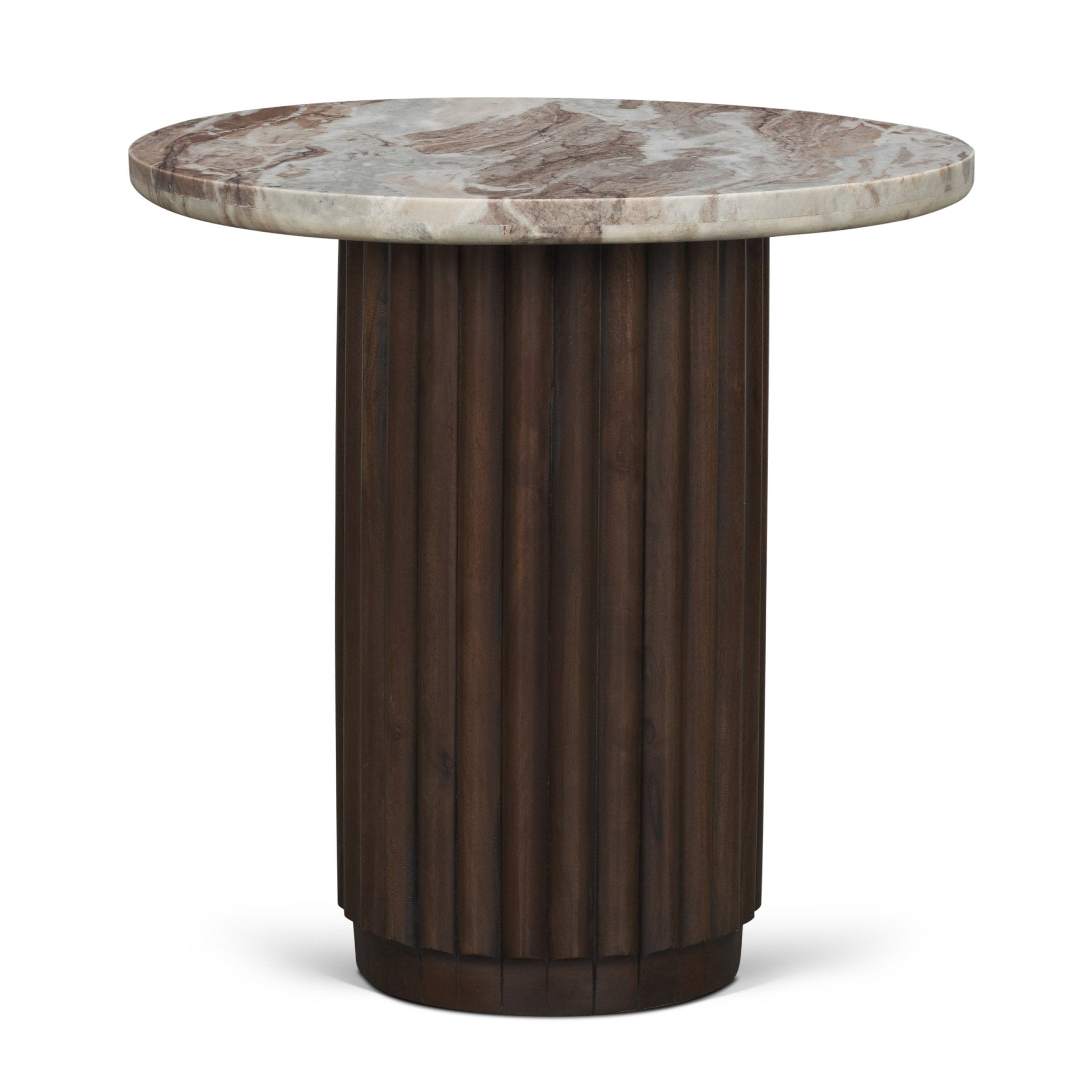Marbrello Pink Marble Top Espresso Brown Fluted Wood Round Side Table - Central Designs