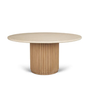 Marbrello 60" Botticino Marble Top Light Brown Fluted Wood Round Dining Table - Central Designs