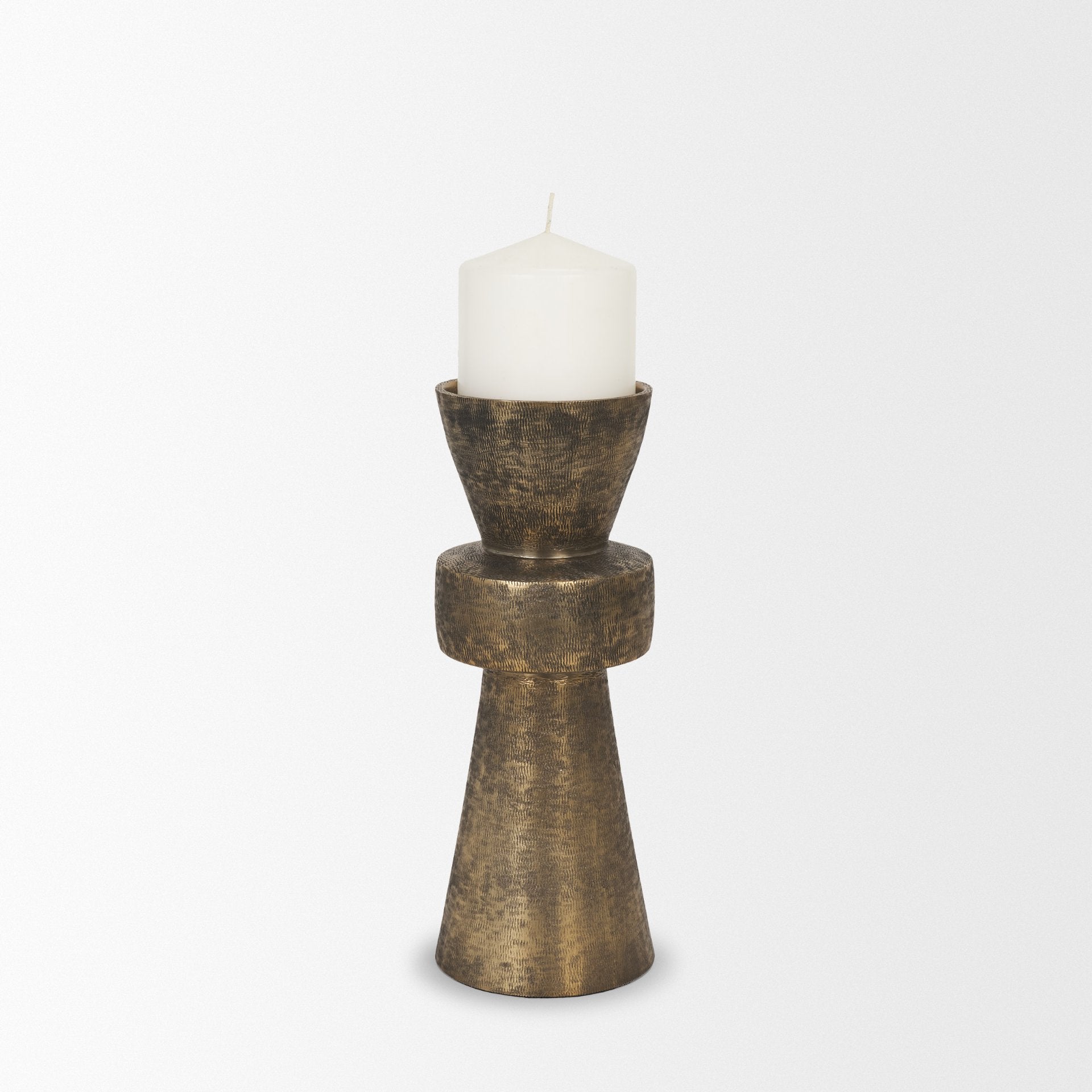 Odilia Small Textured Antiqued Gold Metal Geometric Pillar Candle Holder
