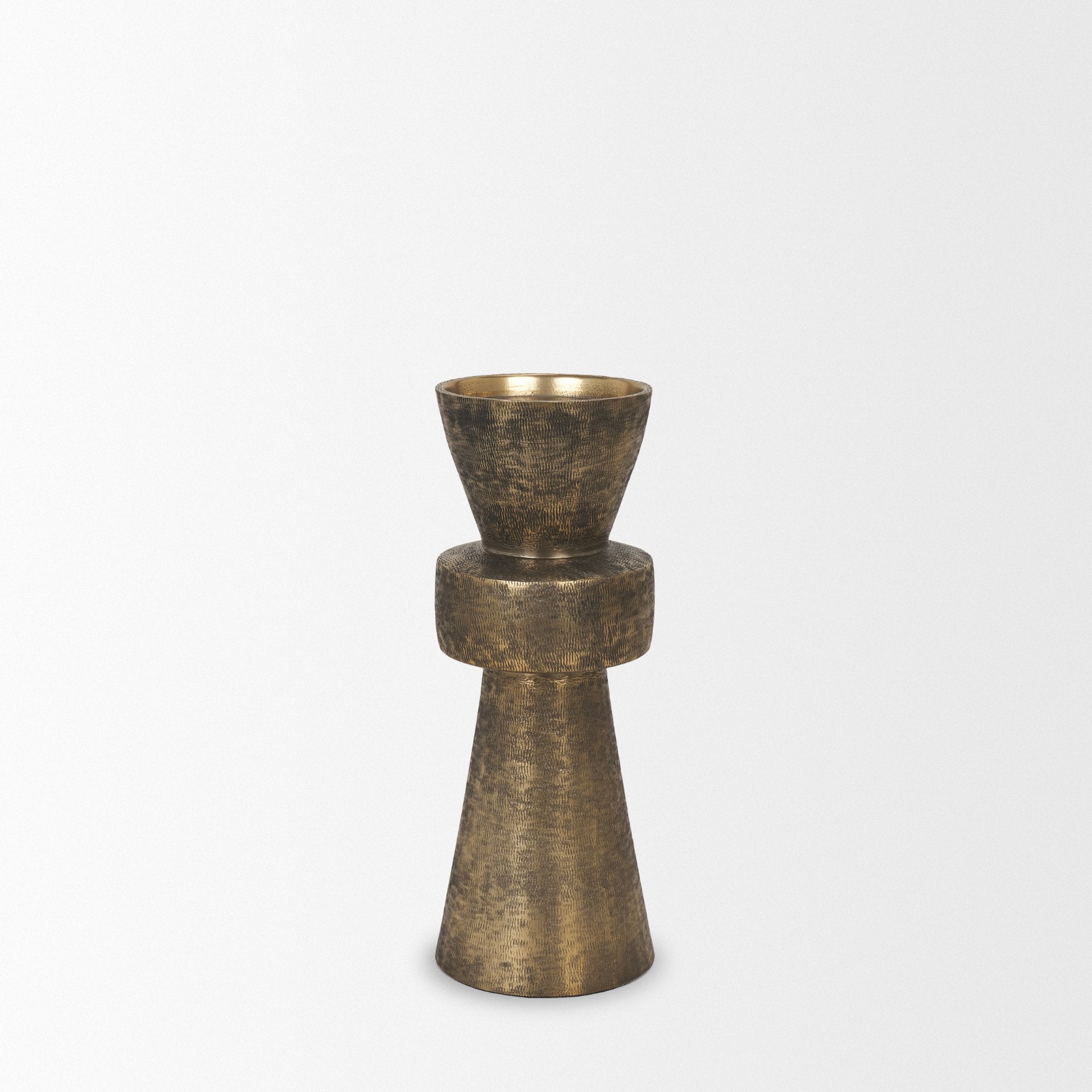 Odilia Small Textured Antiqued Gold Metal Geometric Pillar Candle Holder - Central Designs