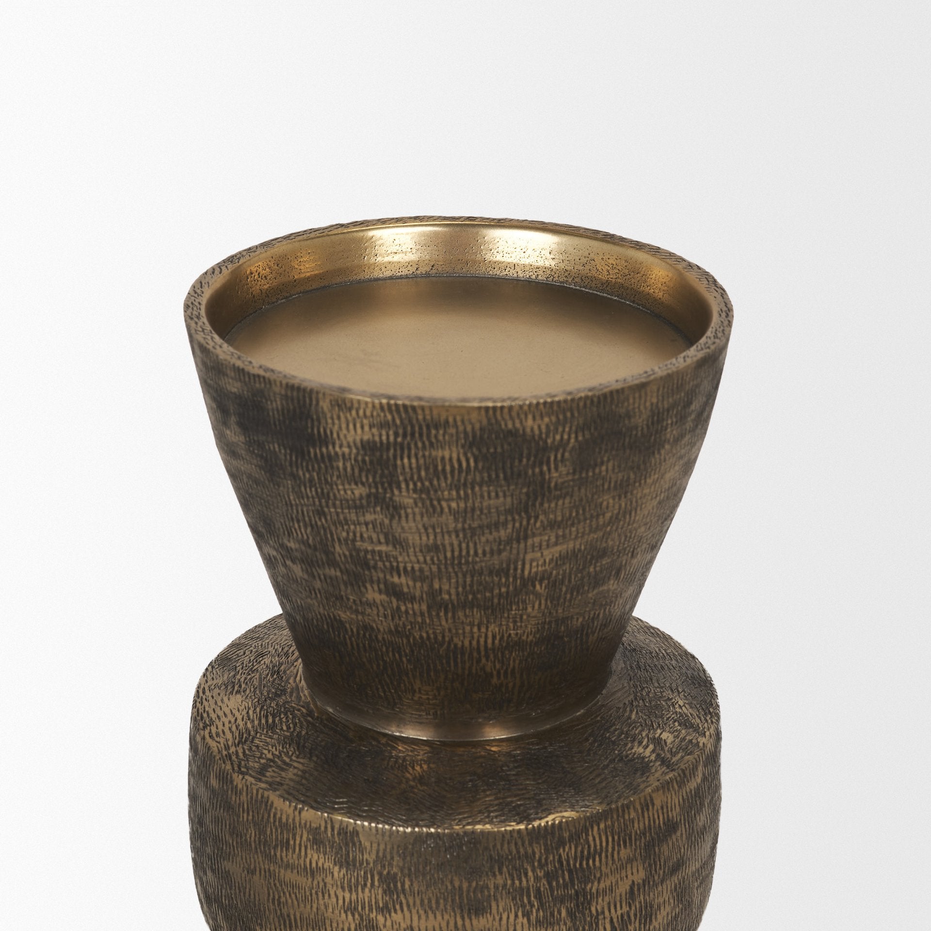 Odilia Small Textured Antiqued Gold Metal Geometric Pillar Candle Holder - Central Designs