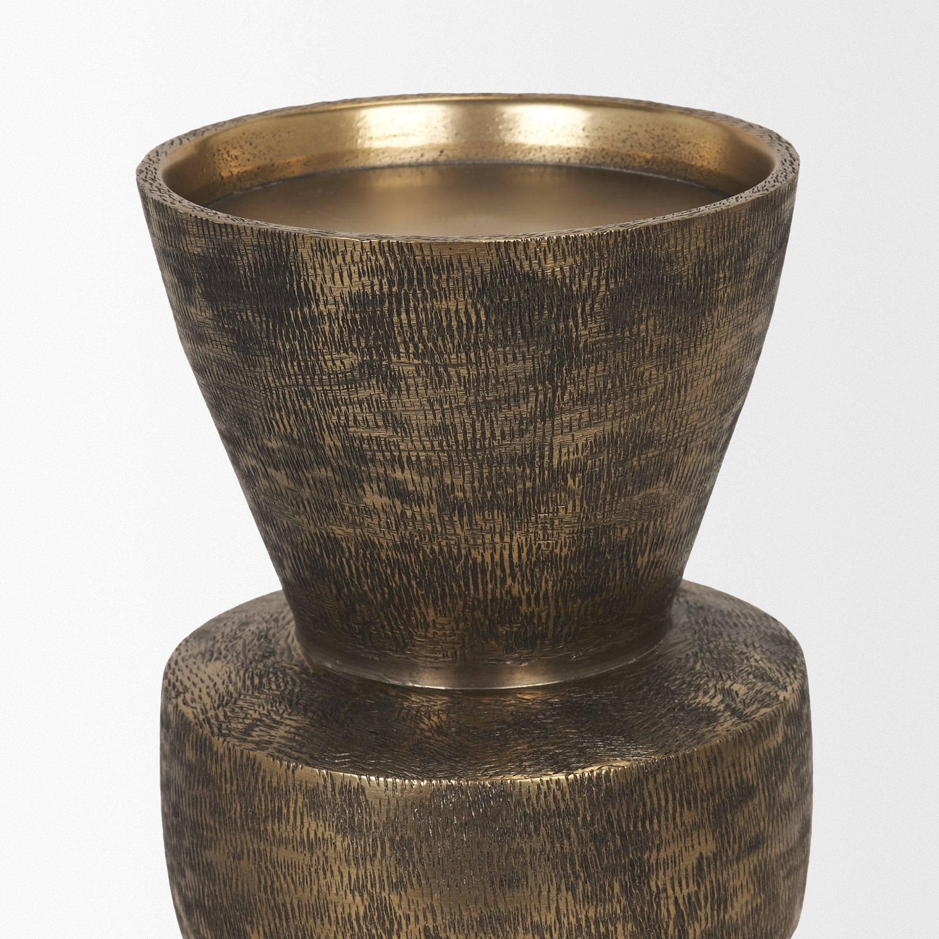 Odilia Small Textured Antiqued Gold Metal Geometric Pillar Candle Holder - Central Designs