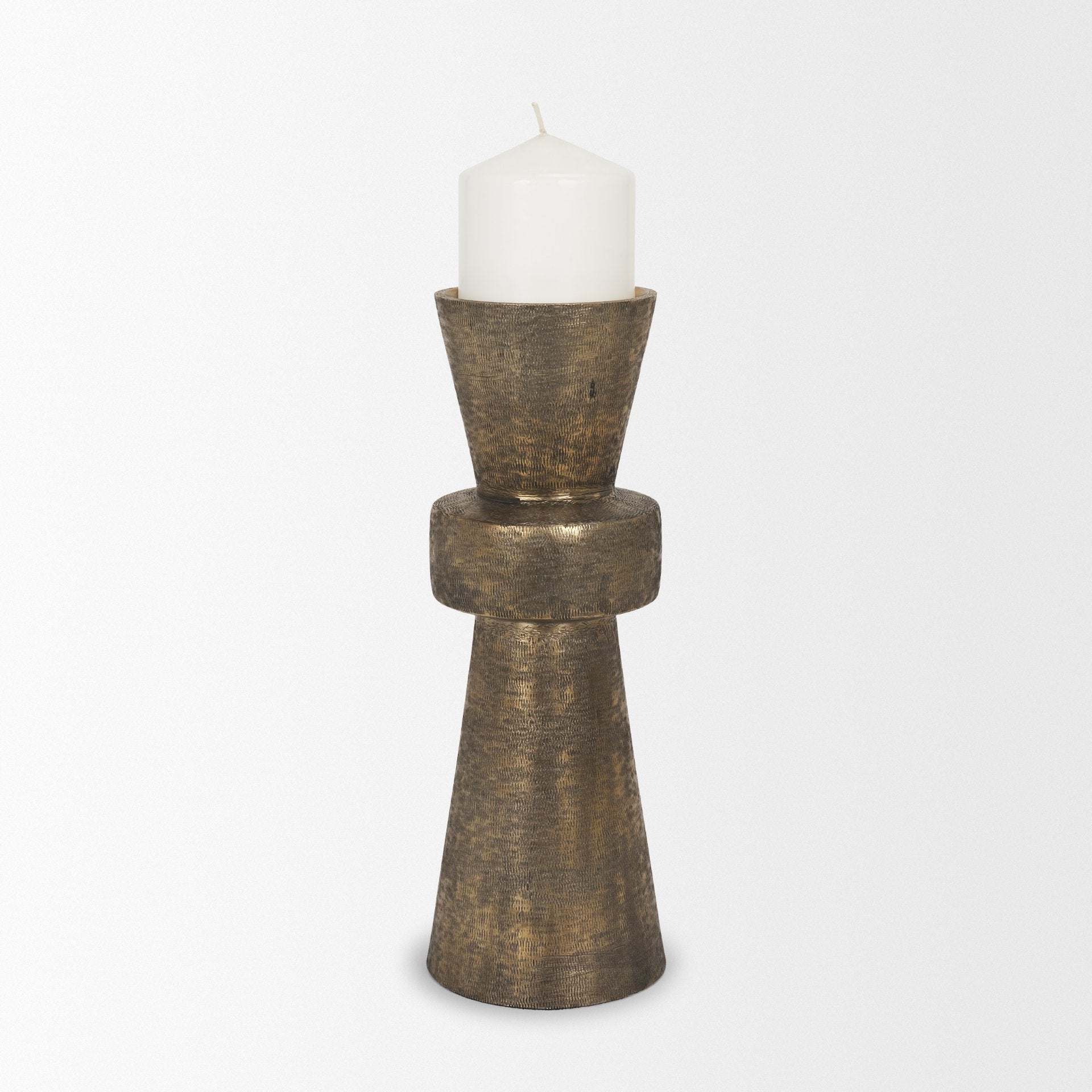 Odilia Large Textured Antiqued Gold Metal Geometric Pillar Candle Holder - Central Designs