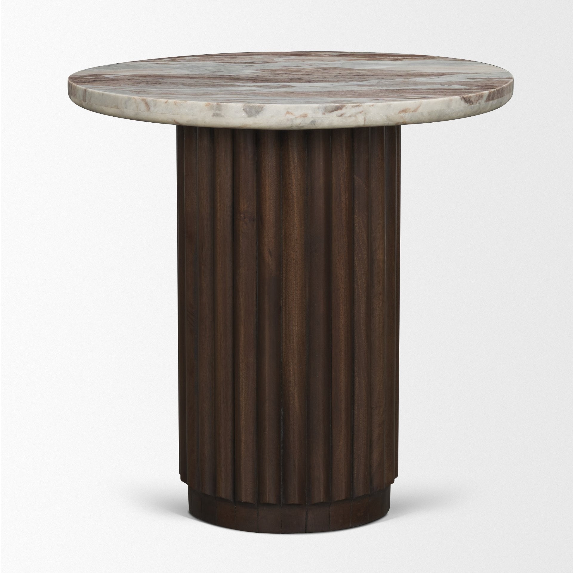 Marbrello Pink Marble Top Espresso Brown Fluted Wood Round Side Table - Central Designs