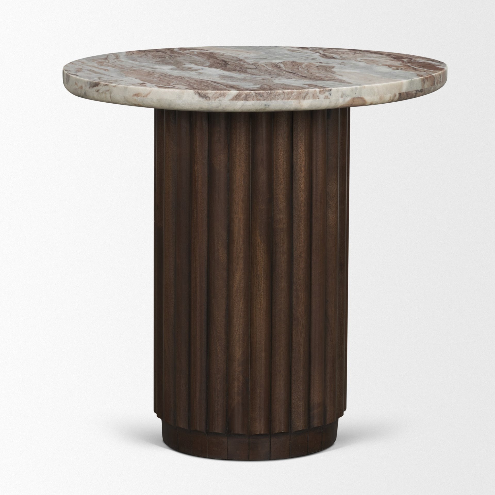 Marbrello Pink Marble Top Espresso Brown Fluted Wood Round Side Table - Central Designs