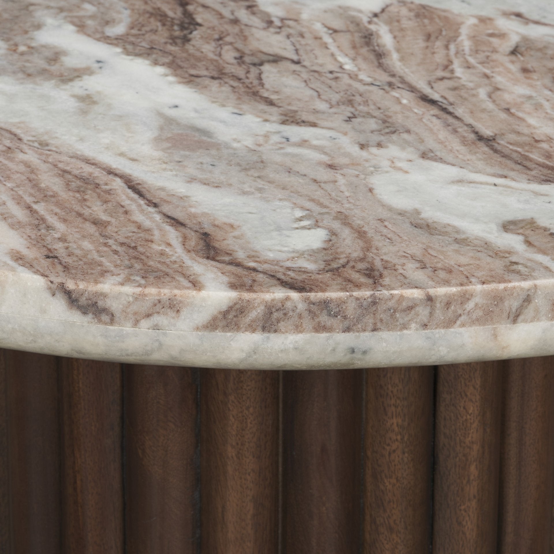 Marbrello Pink Marble Top Espresso Brown Fluted Wood Round Side Table - Central Designs