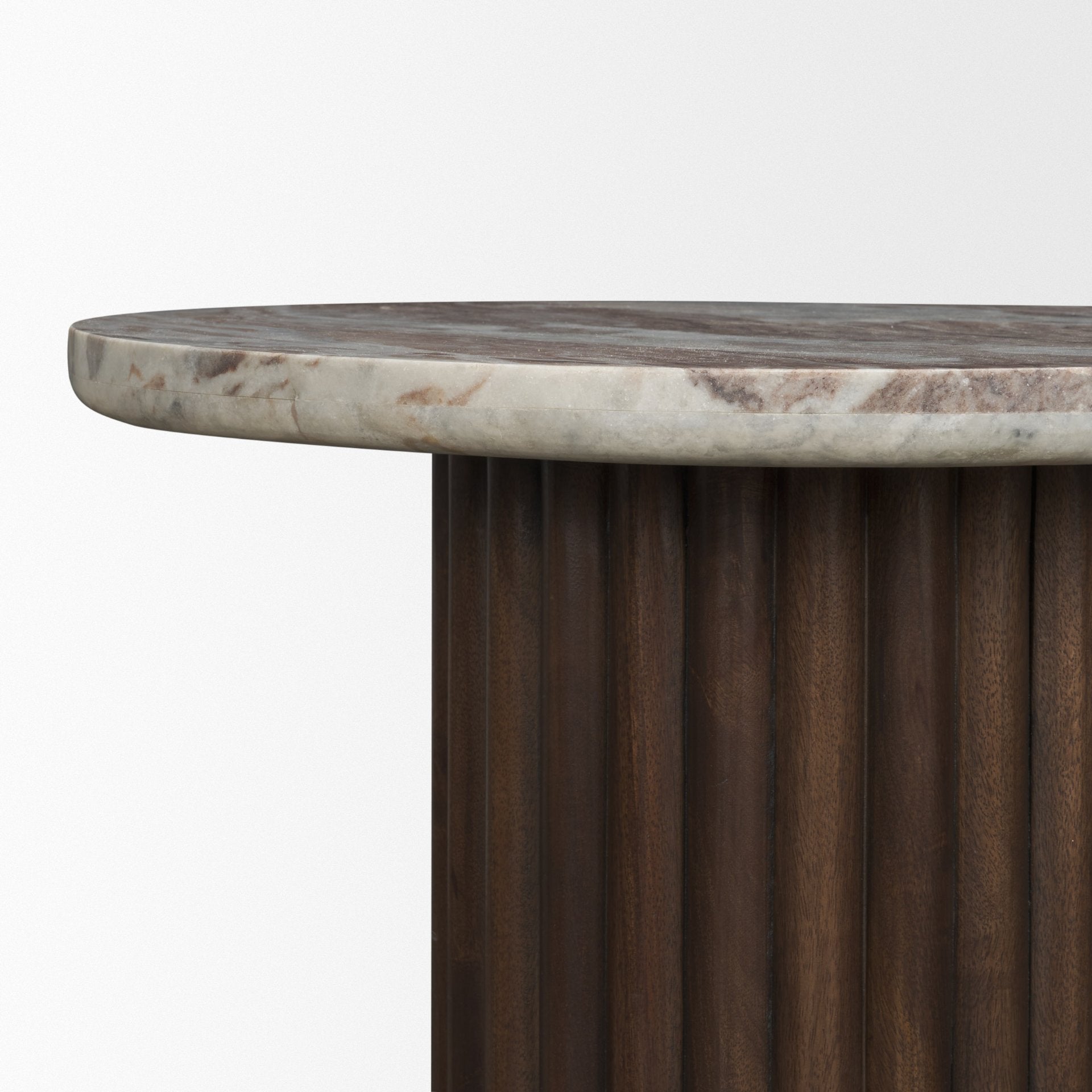 Marbrello Pink Marble Top Espresso Brown Fluted Wood Round Side Table - Central Designs