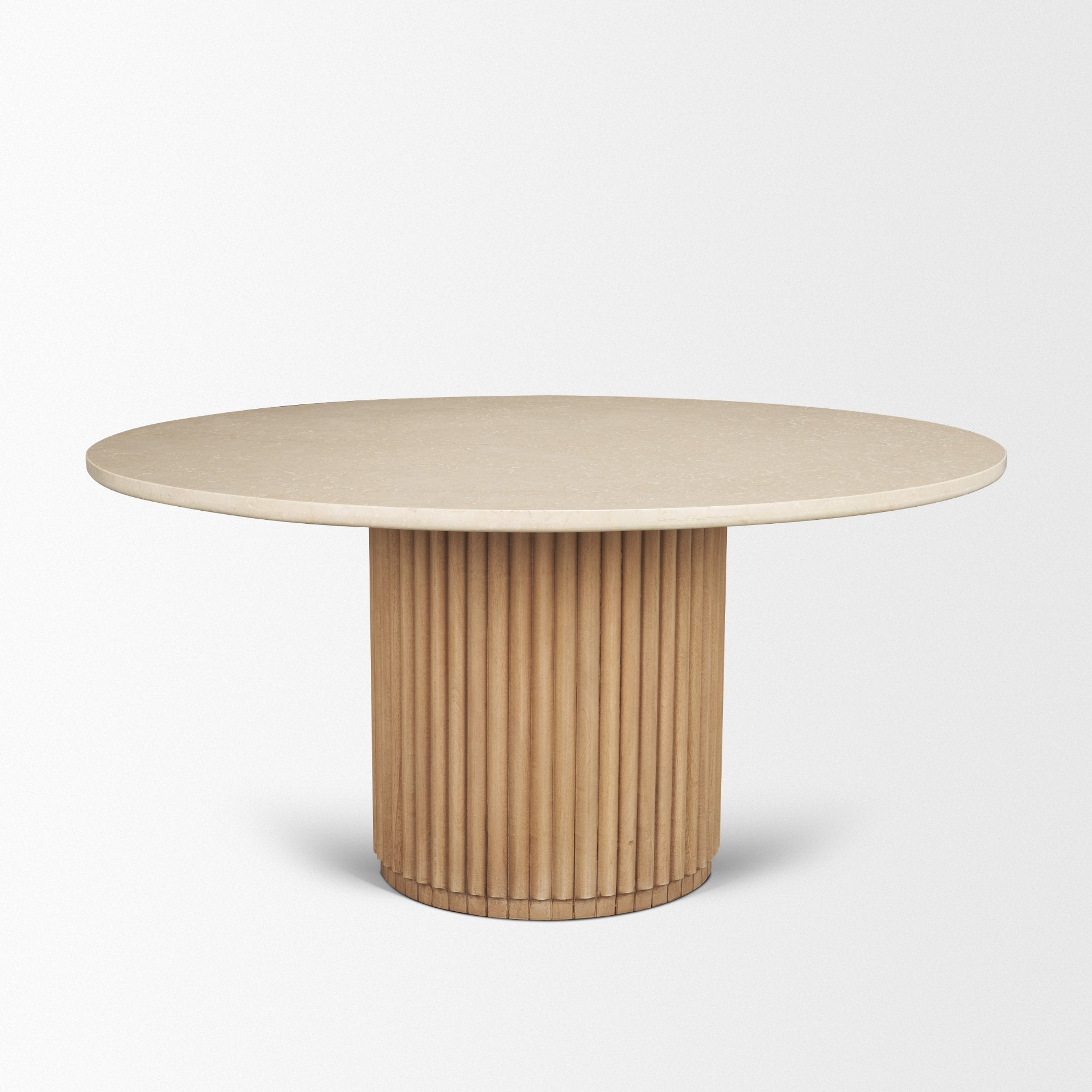 Marbrello 60" Botticino Marble Top Light Brown Fluted Wood Round Dining Table - Central Designs