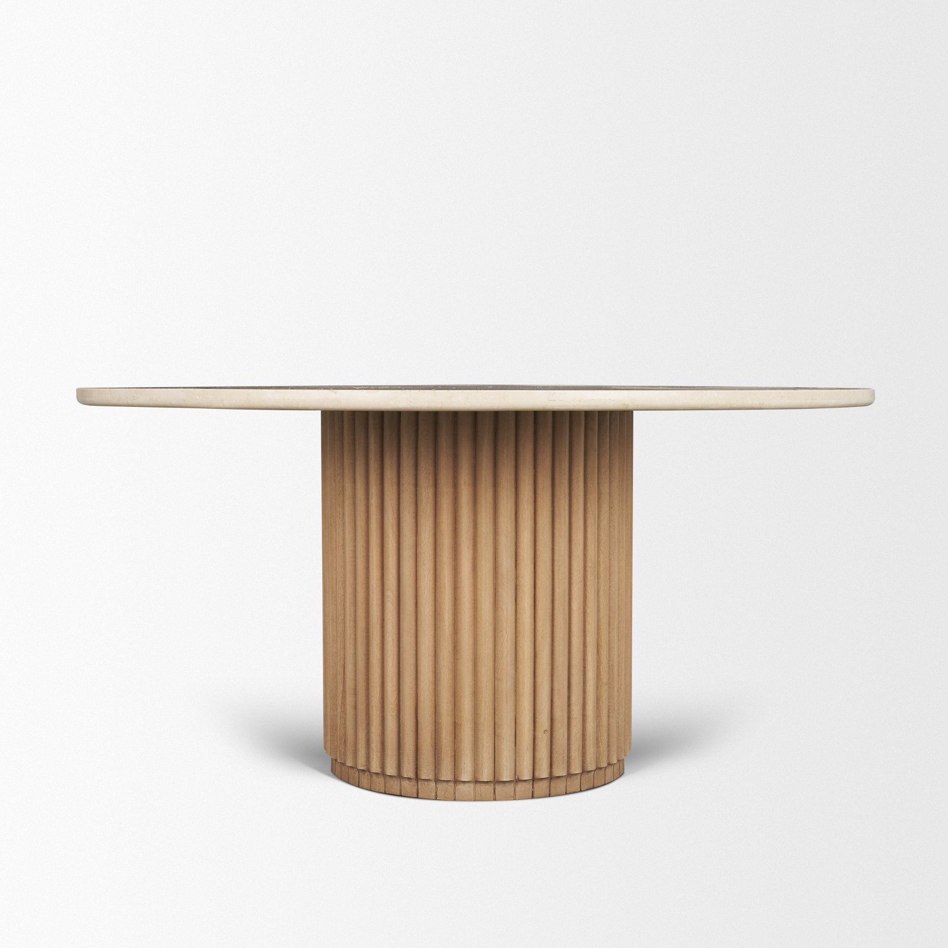 Marbrello 60" Botticino Marble Top Light Brown Fluted Wood Round Dining Table - Central Designs