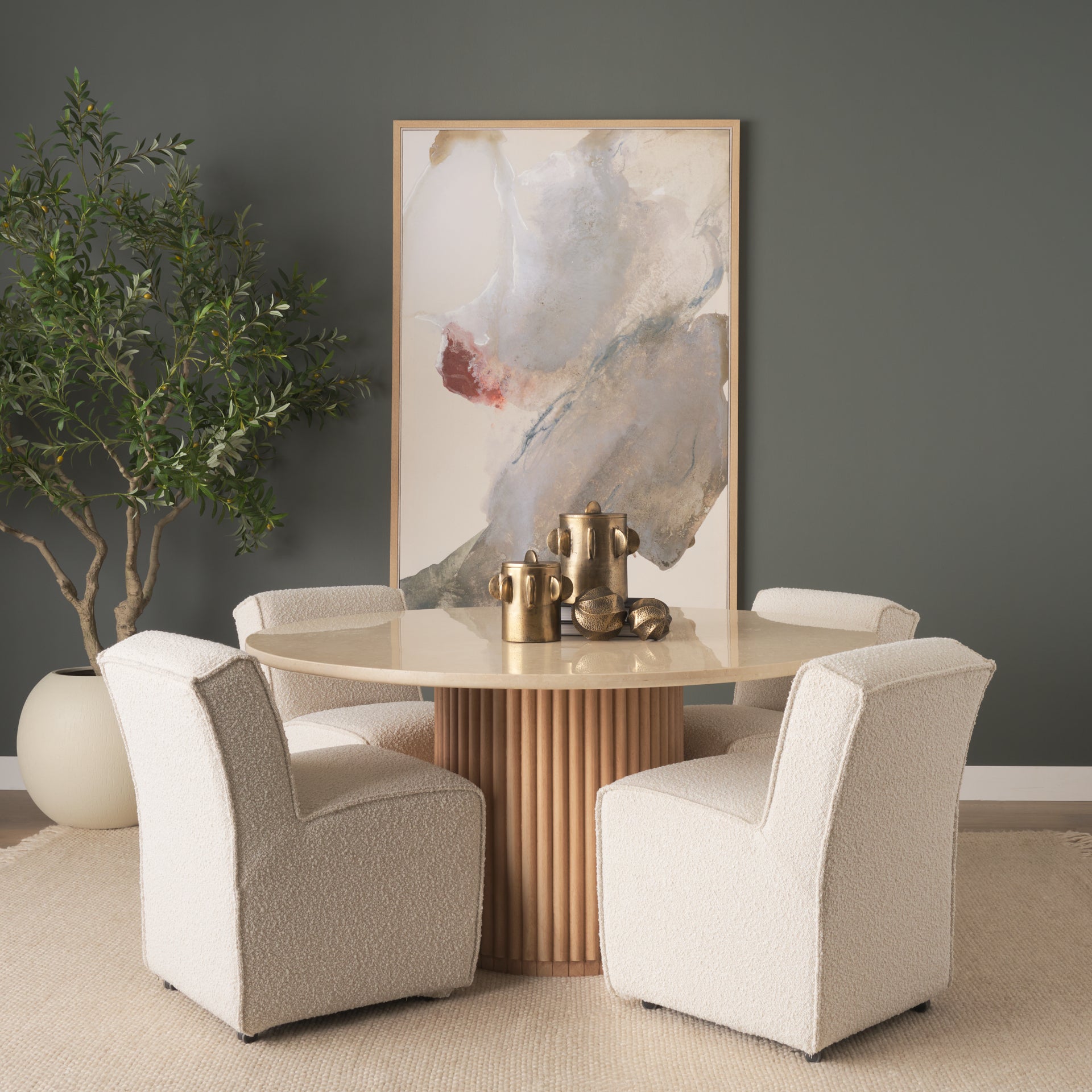 Marbrello 60" Botticino Marble Top Light Brown Fluted Wood Round Dining Table - Central Designs