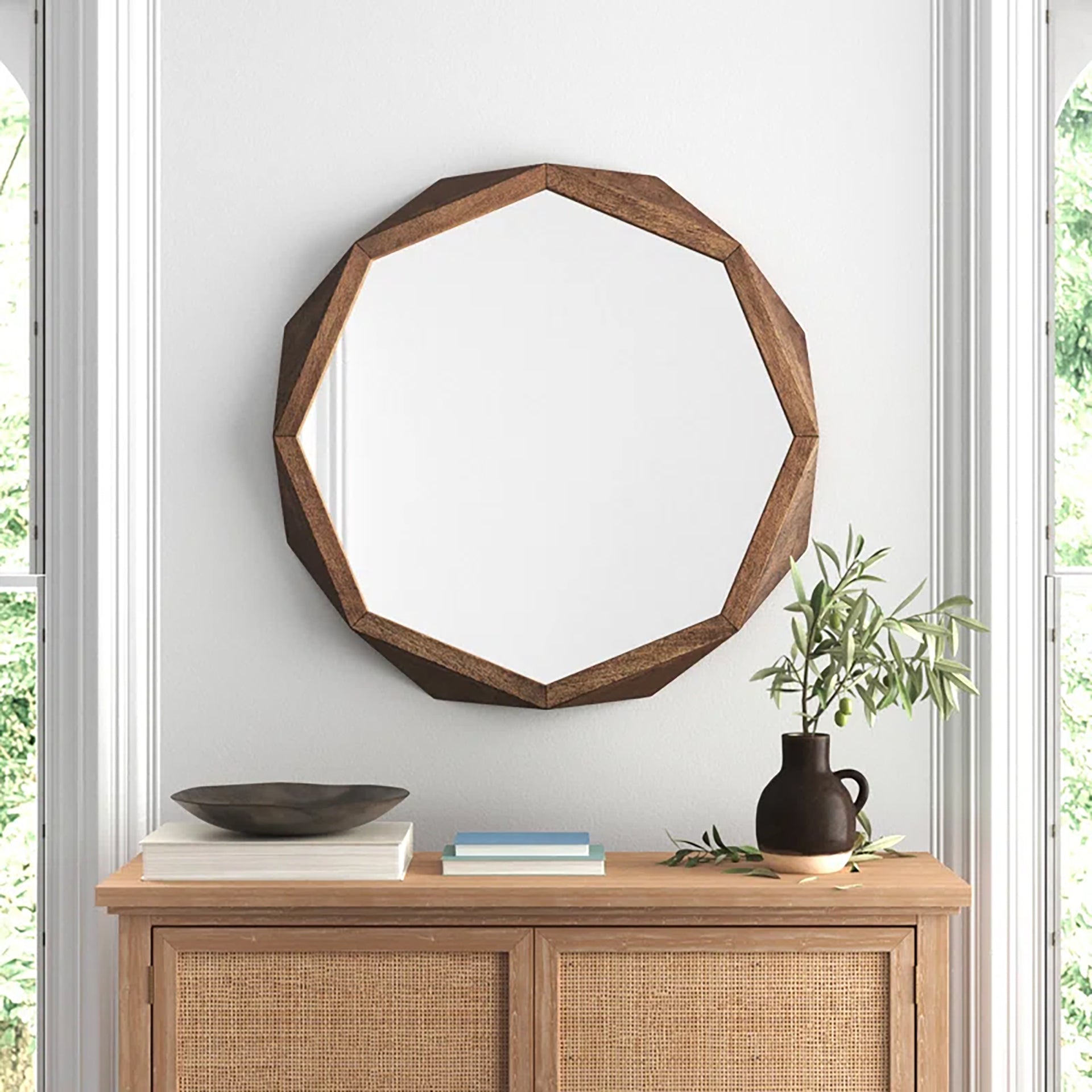 Aramis II 41L x 41H Octagon Brown Wood Frame Wall Mirror - Central Designs