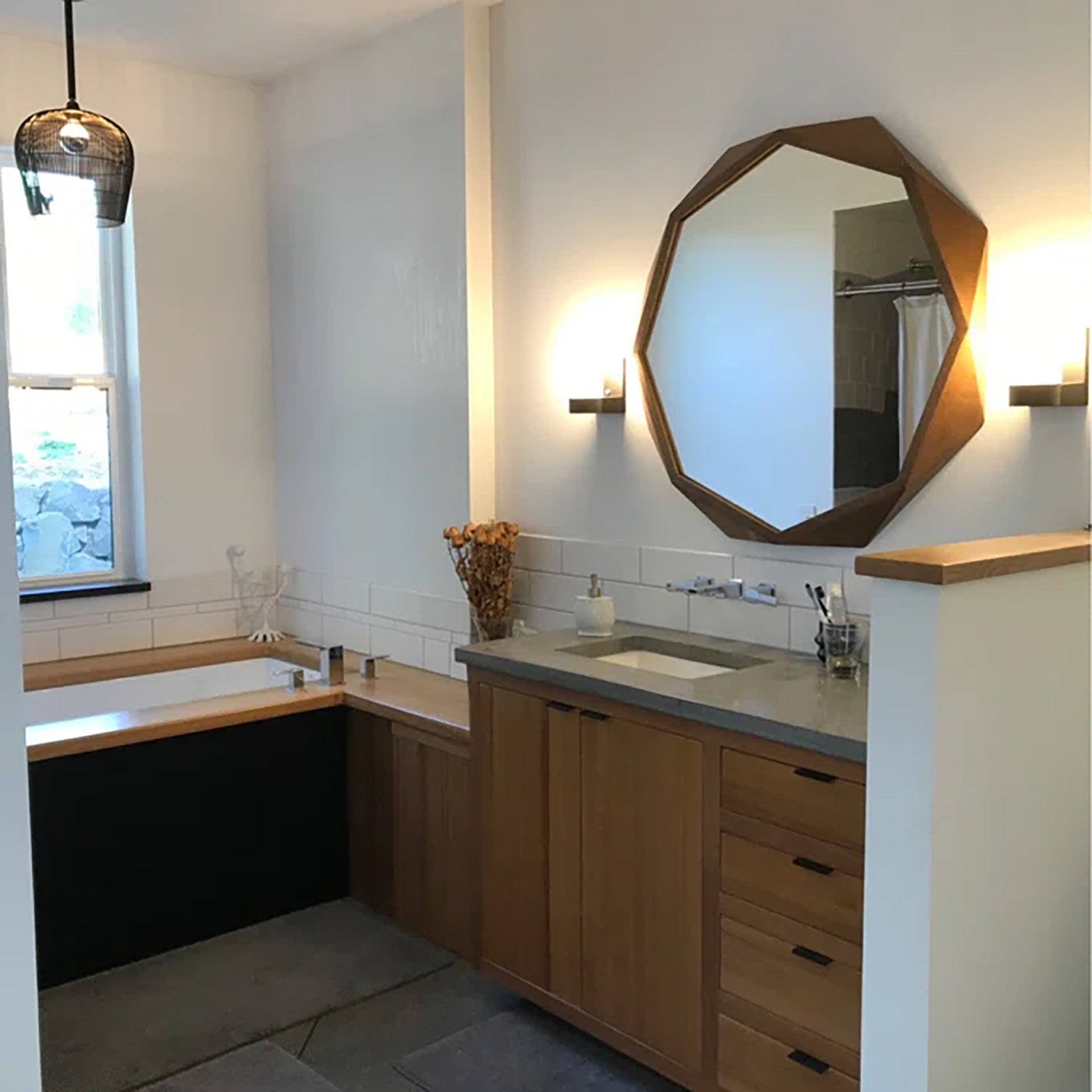 Aramis II 41L x 41H Octagon Brown Wood Frame Wall Mirror - Central Designs