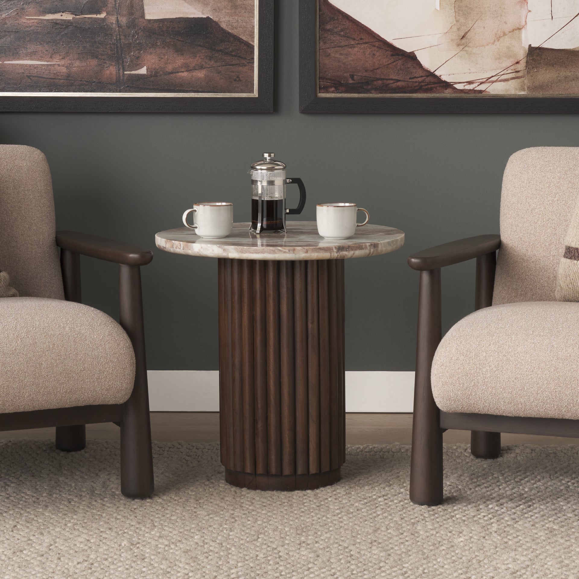 Marbrello Pink Marble Top Espresso Brown Fluted Wood Round Side Table - Central Designs