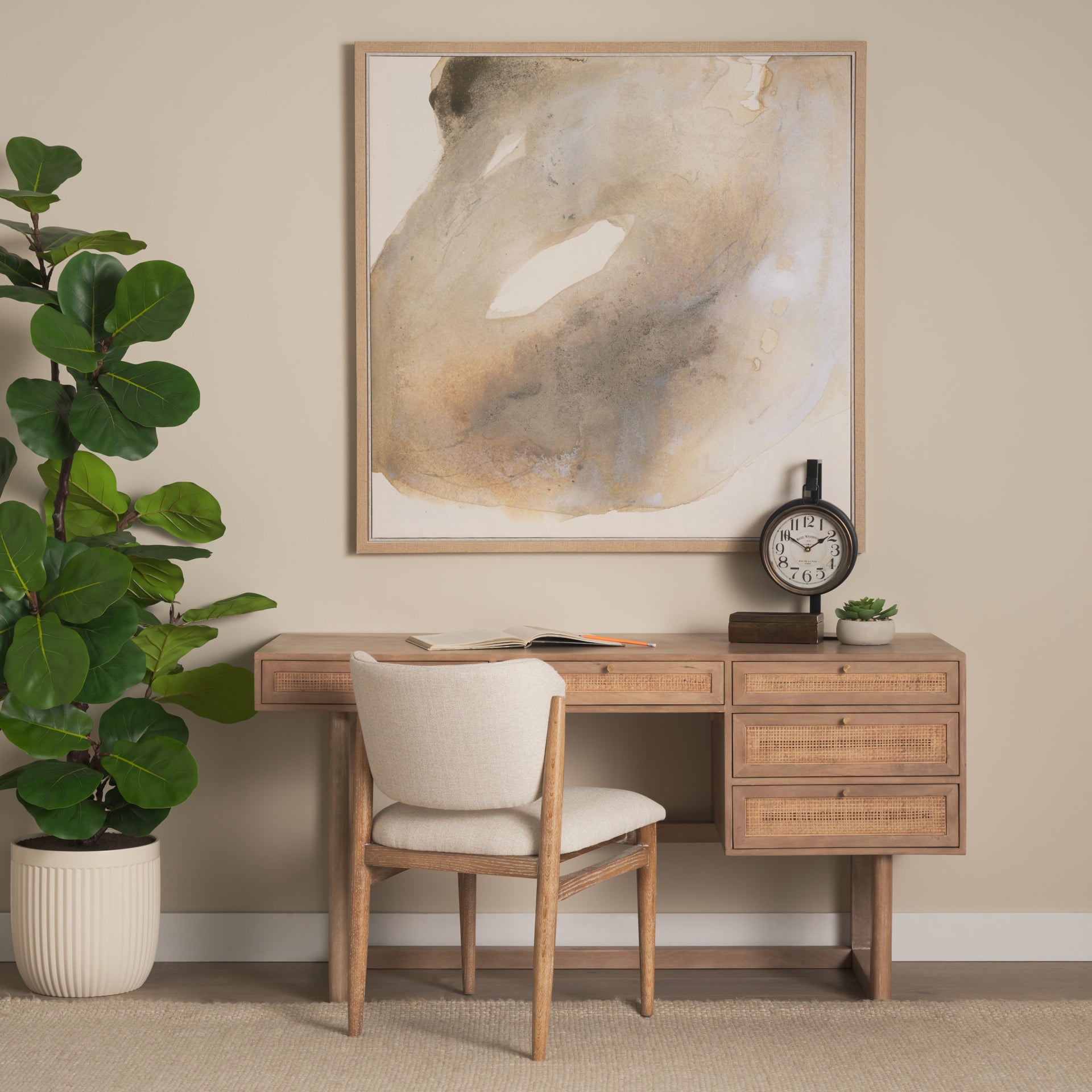 Grier 60" Light Brown Solid Wood W/Cane Office Desk - Central Designs