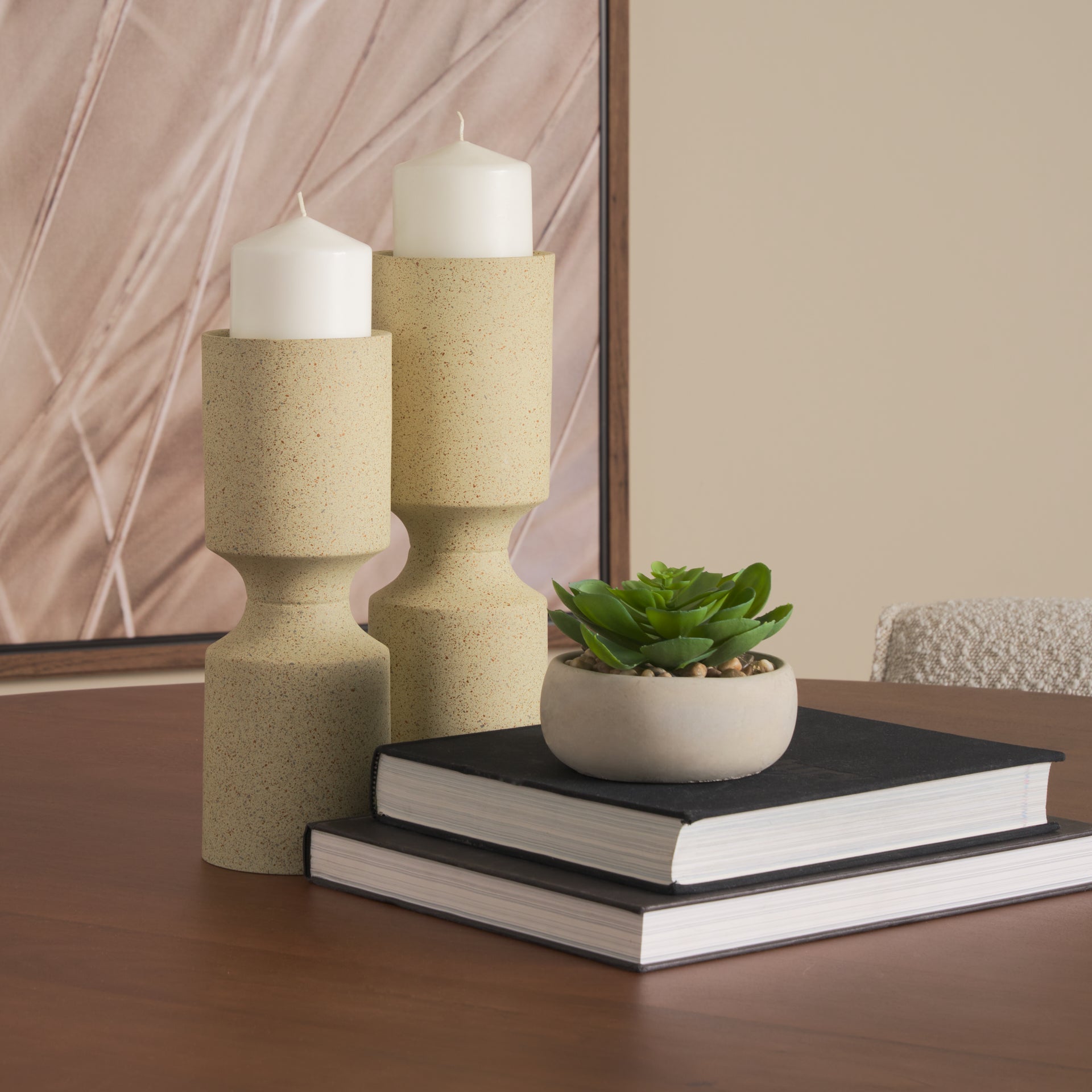 Akira Large Textured Beige Metal Pillar Candle Holder - Central Designs
