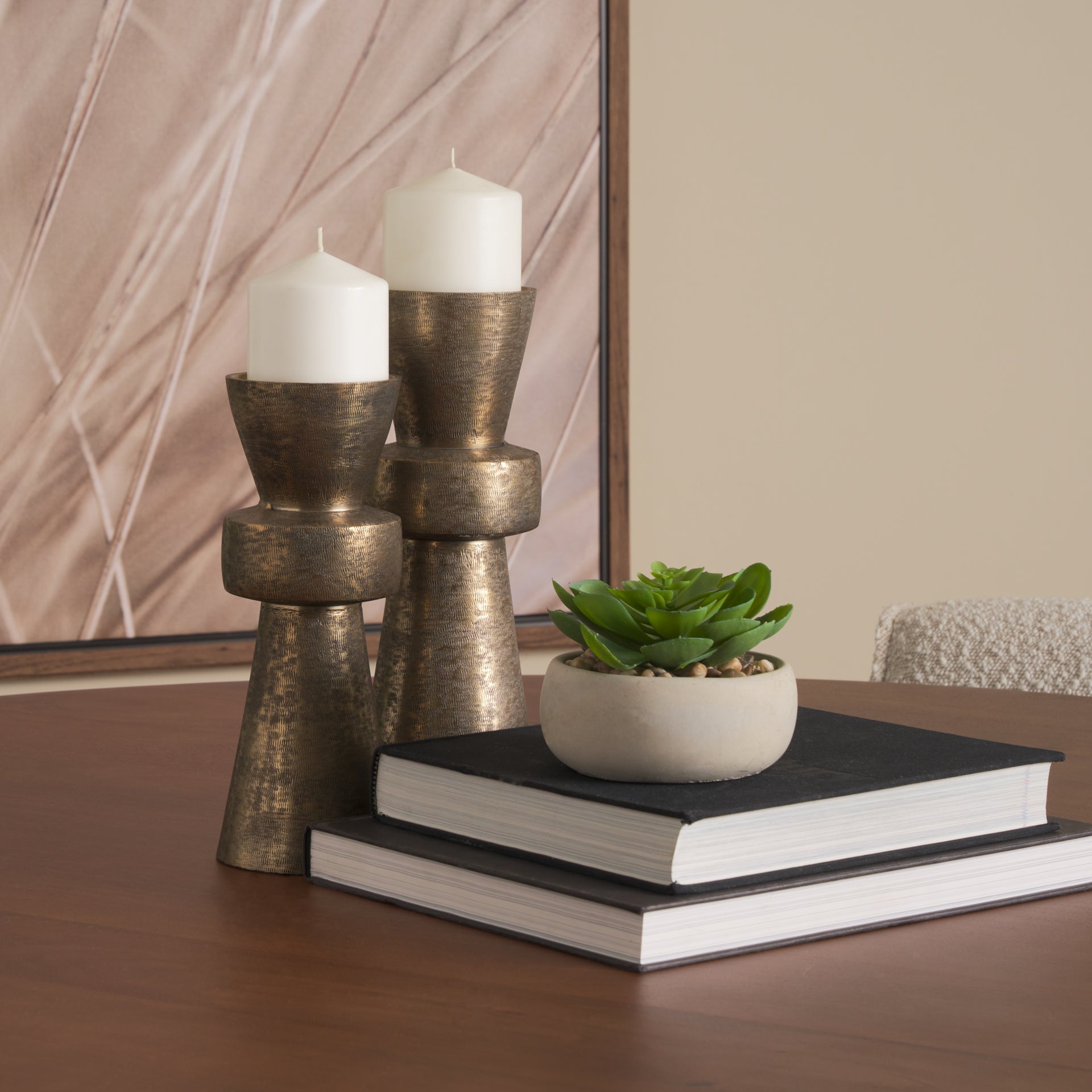 Odilia Large Textured Antiqued Gold Metal Geometric Pillar Candle Holder - Central Designs