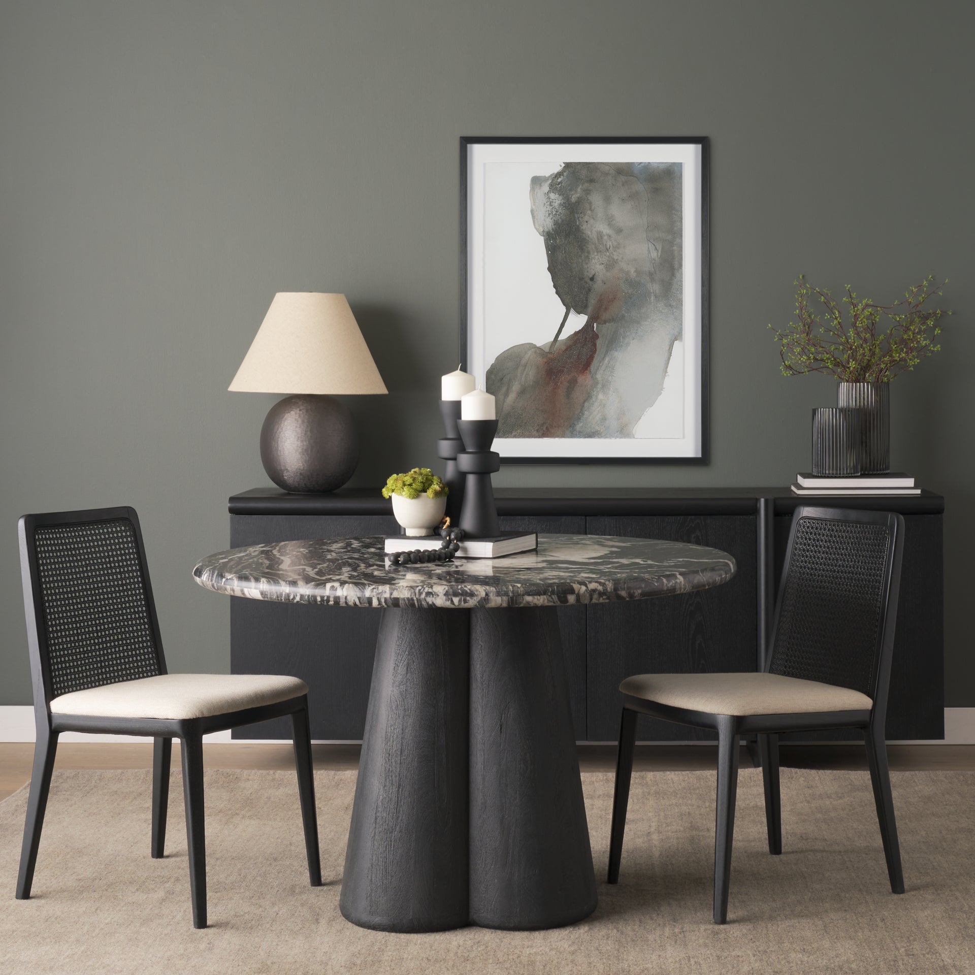 Marilyn Black Forest Marble Black Wood Pedestal Round Dining Table - Central Designs