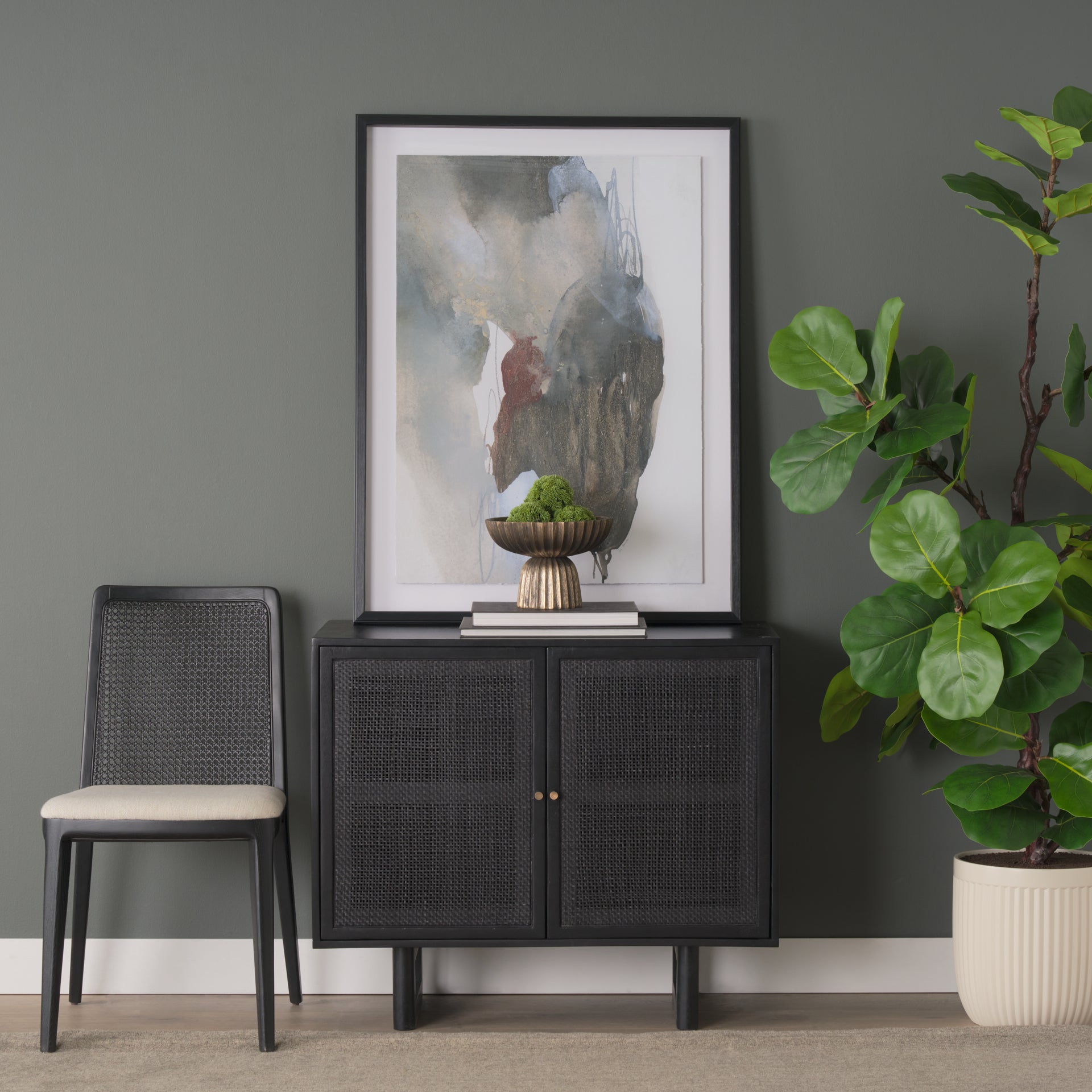 Grier Matte Black Stained Wood w/ Black Cane Accent Cabinet - Central Designs