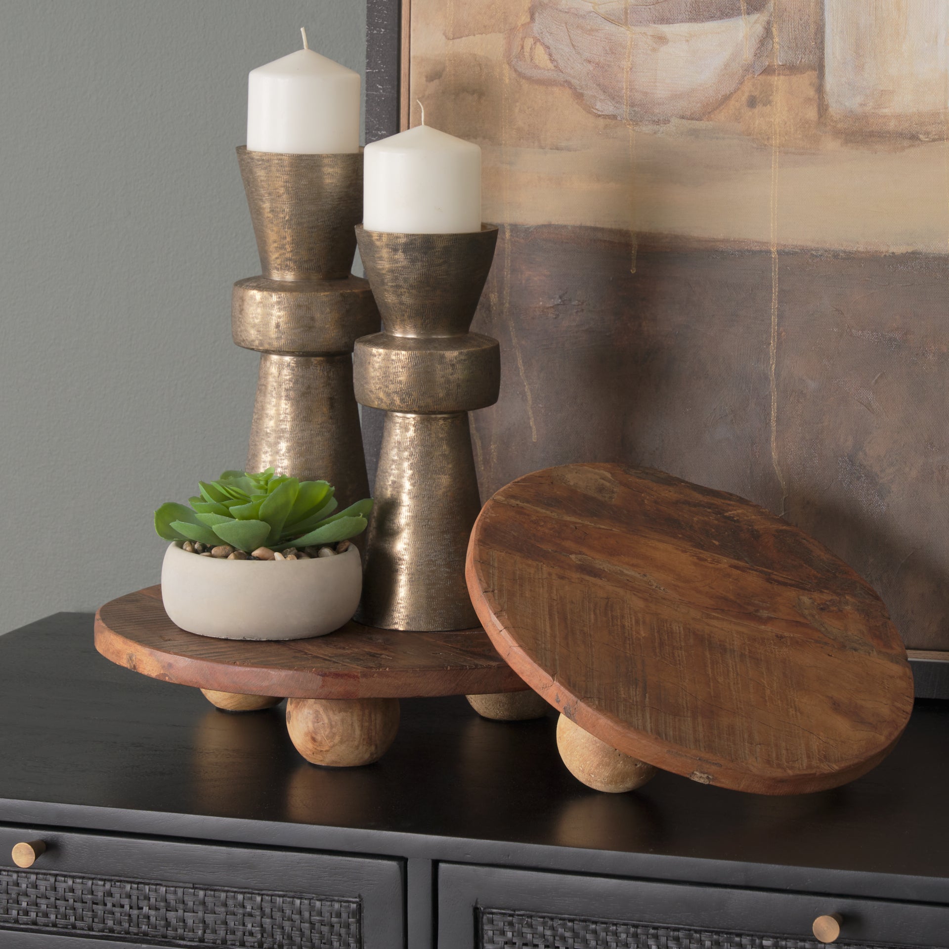 Odilia Small Textured Antiqued Gold Metal Geometric Pillar Candle Holder - Central Designs