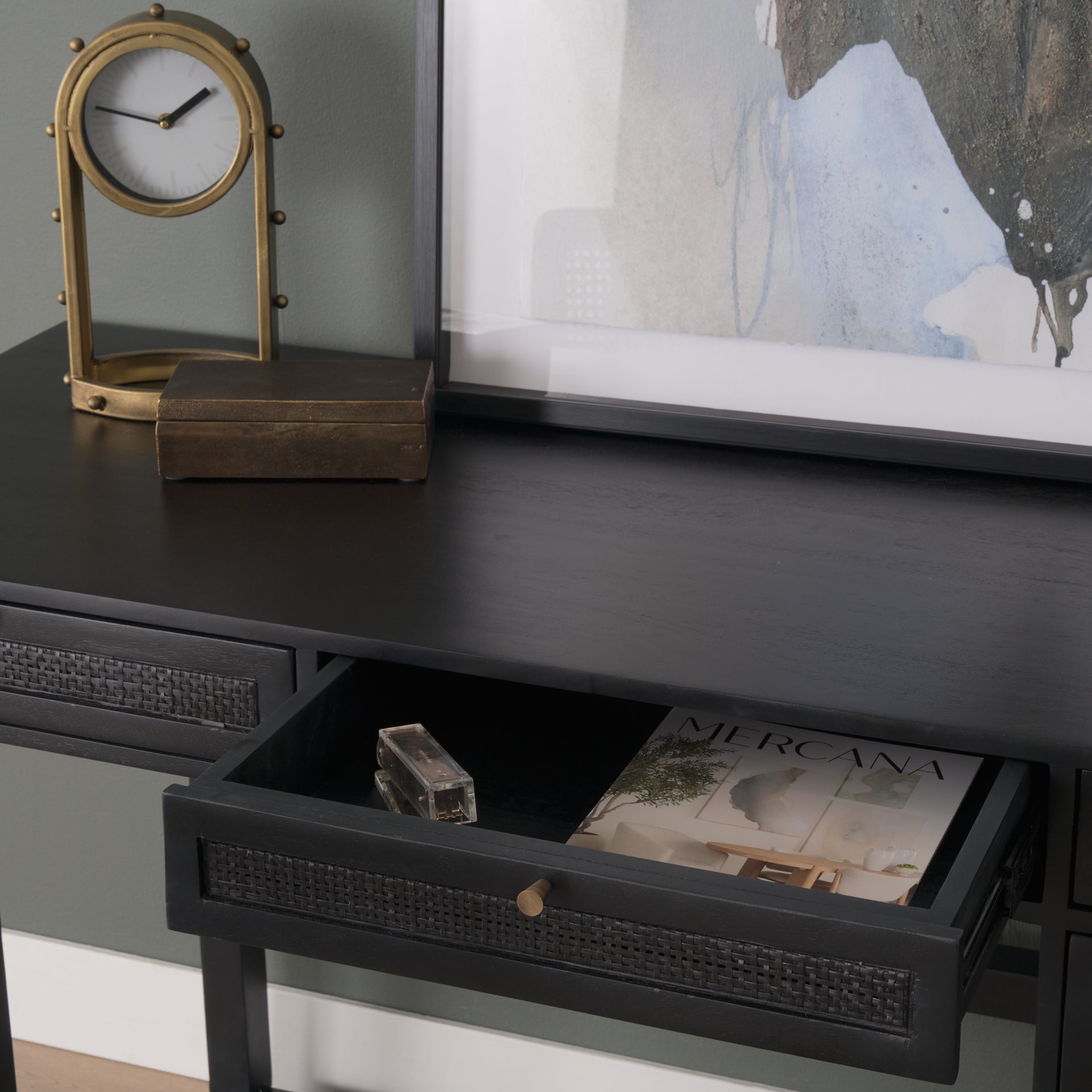 Grier  60" Black Solid Wood W/ Black Cane Office Desk