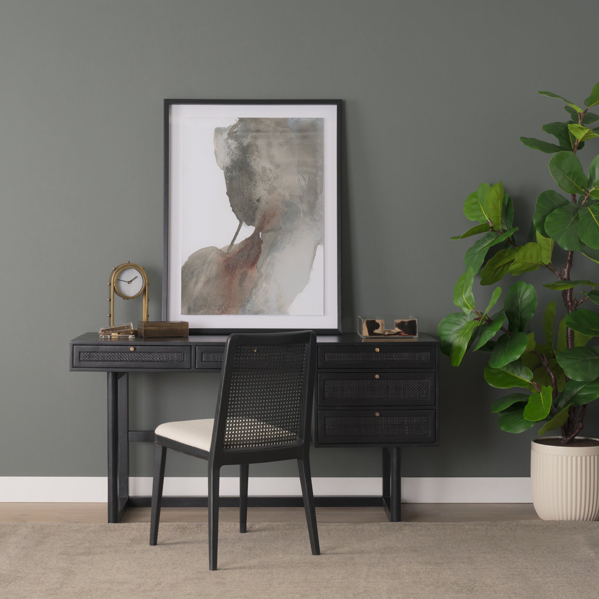 Grier  60" Black Solid Wood W/ Black Cane Office Desk