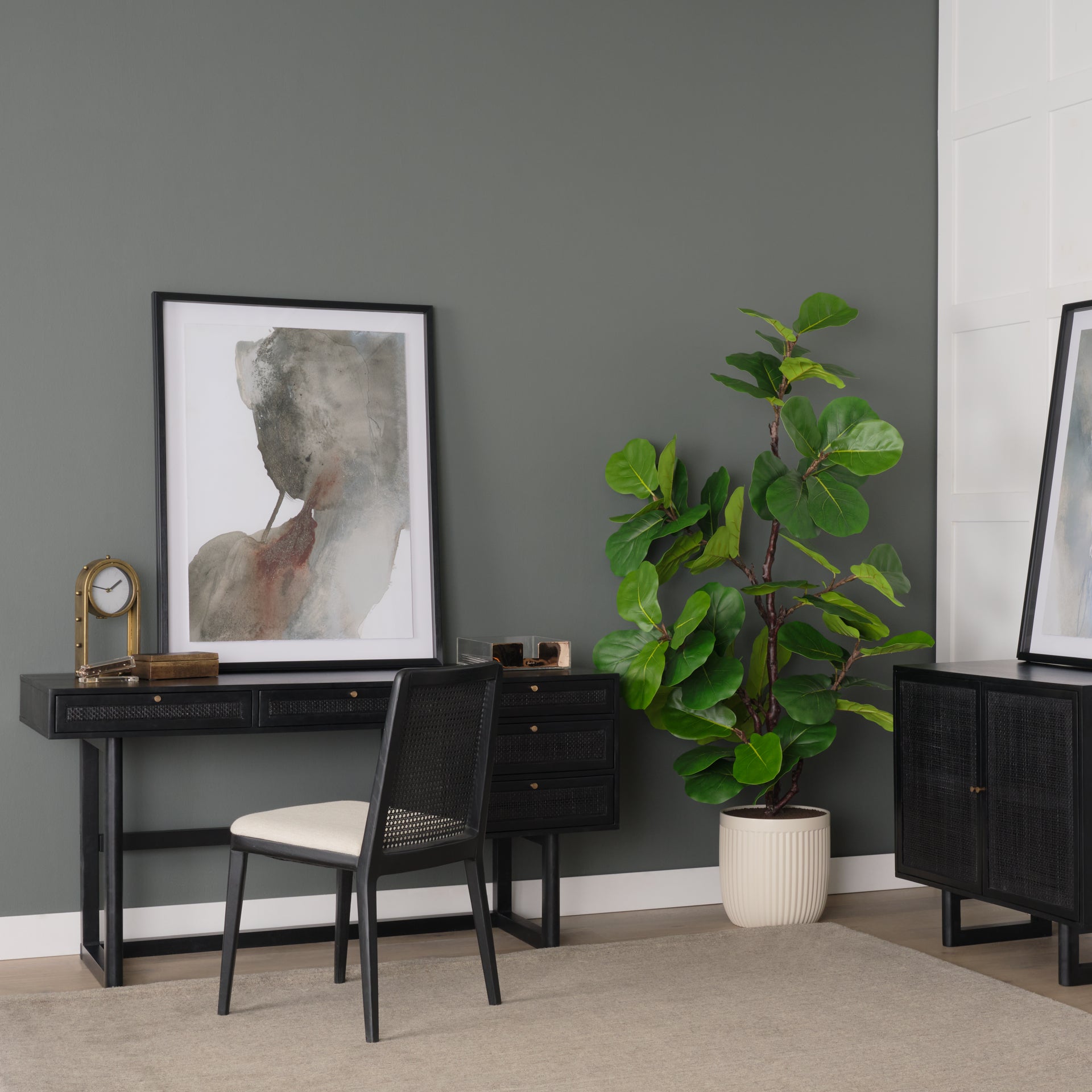 Grier  60" Black Solid Wood W/ Black Cane Office Desk