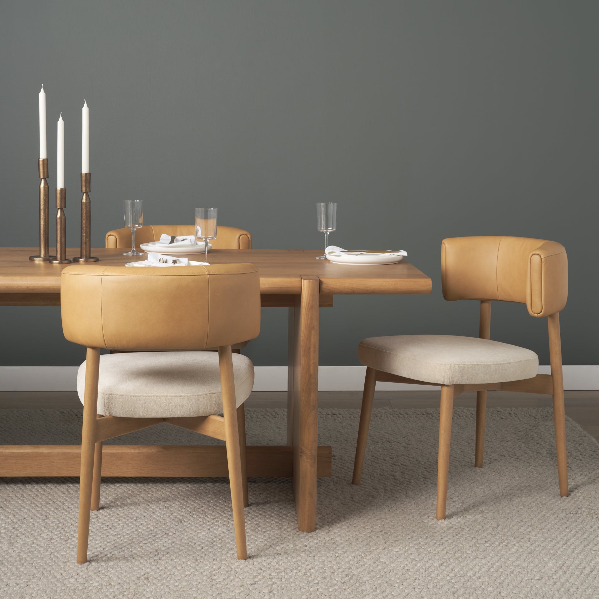 Motley Curved Open Back Cream Fabric and Tan Leather Dining Chair - Central Designs