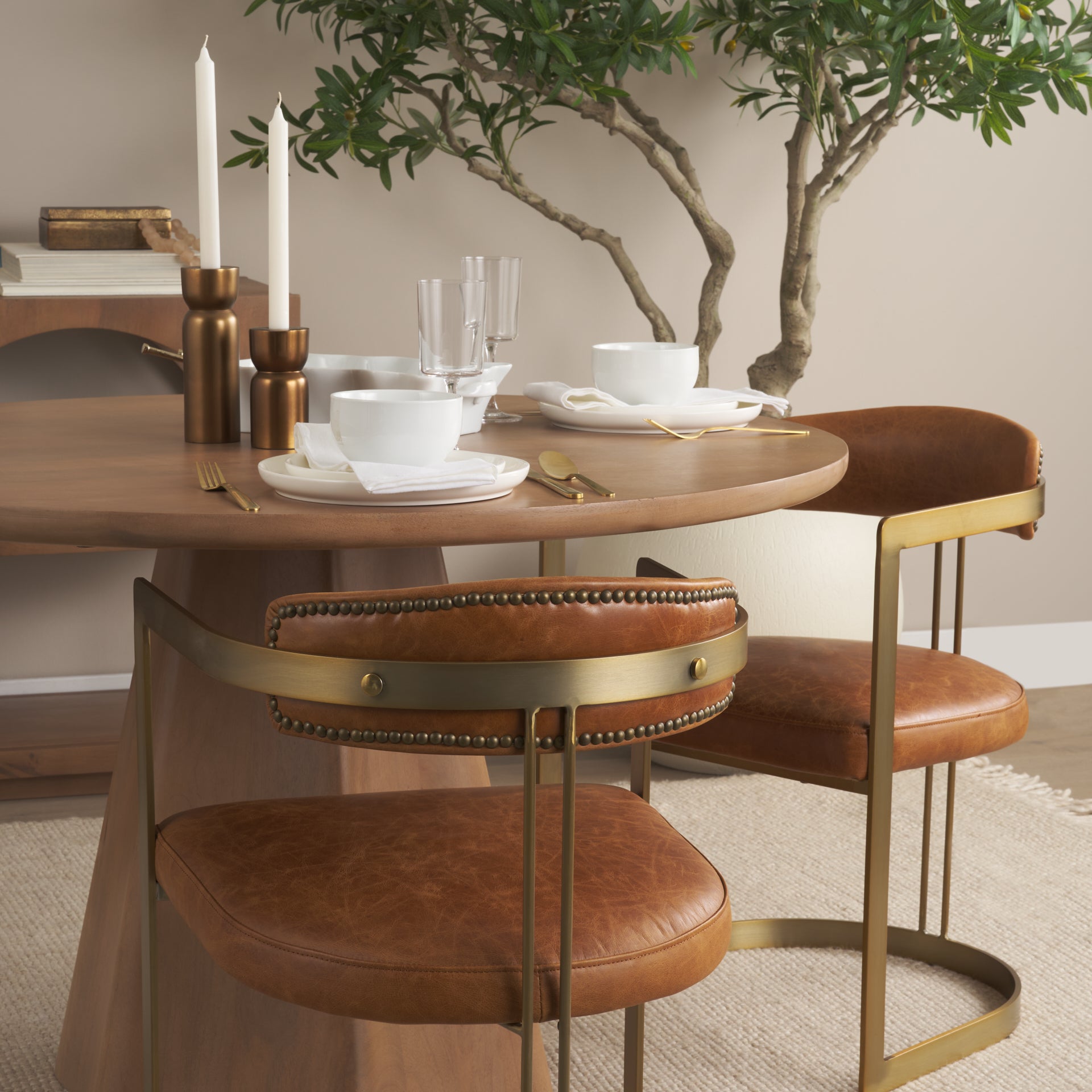 Hollyfield I Brown Leather Seat Gold Iron Frame Dining Chair - Central Designs