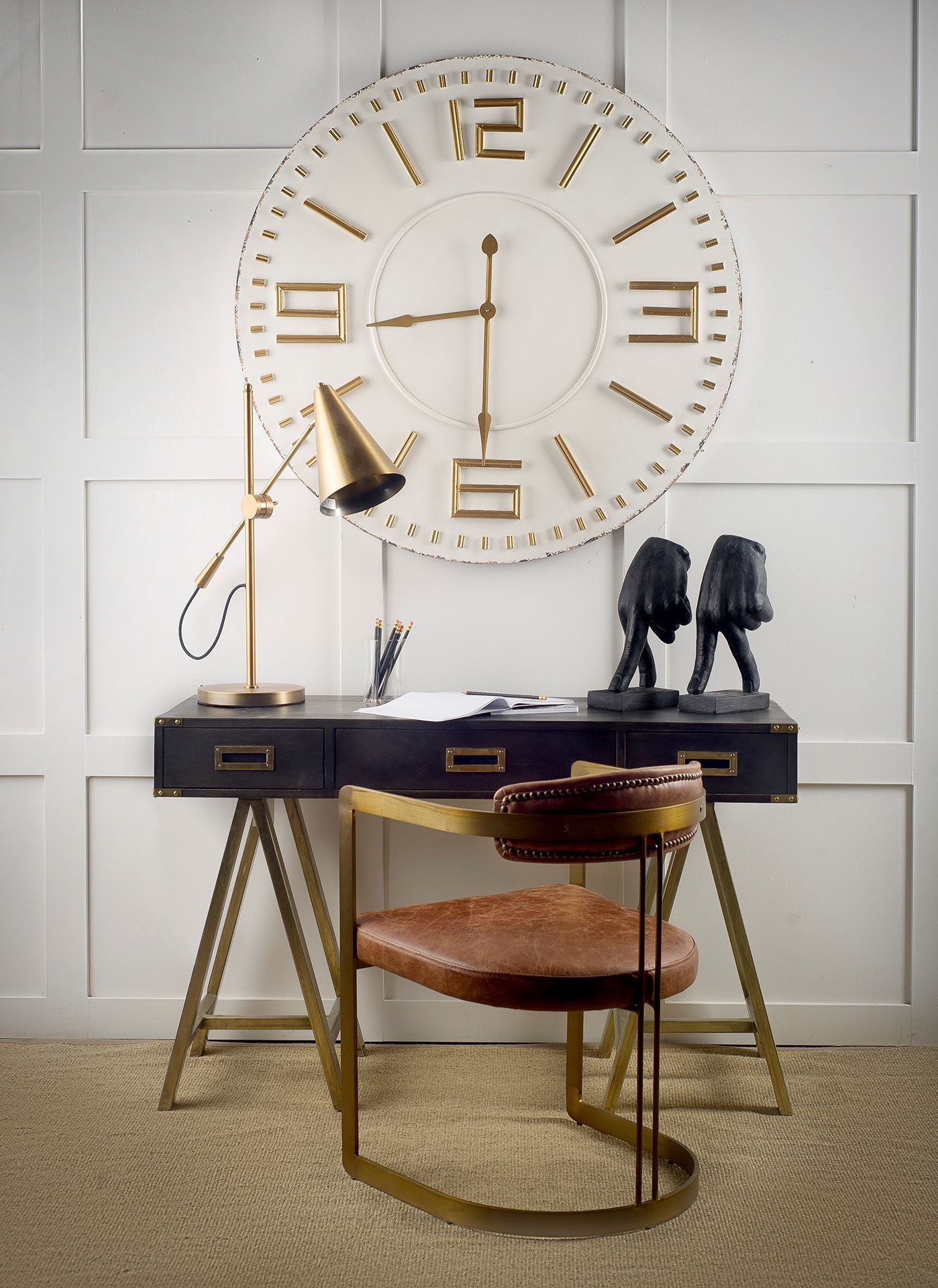 Hollyfield I Brown Leather Seat Gold Iron Frame Dining Chair - Central Designs